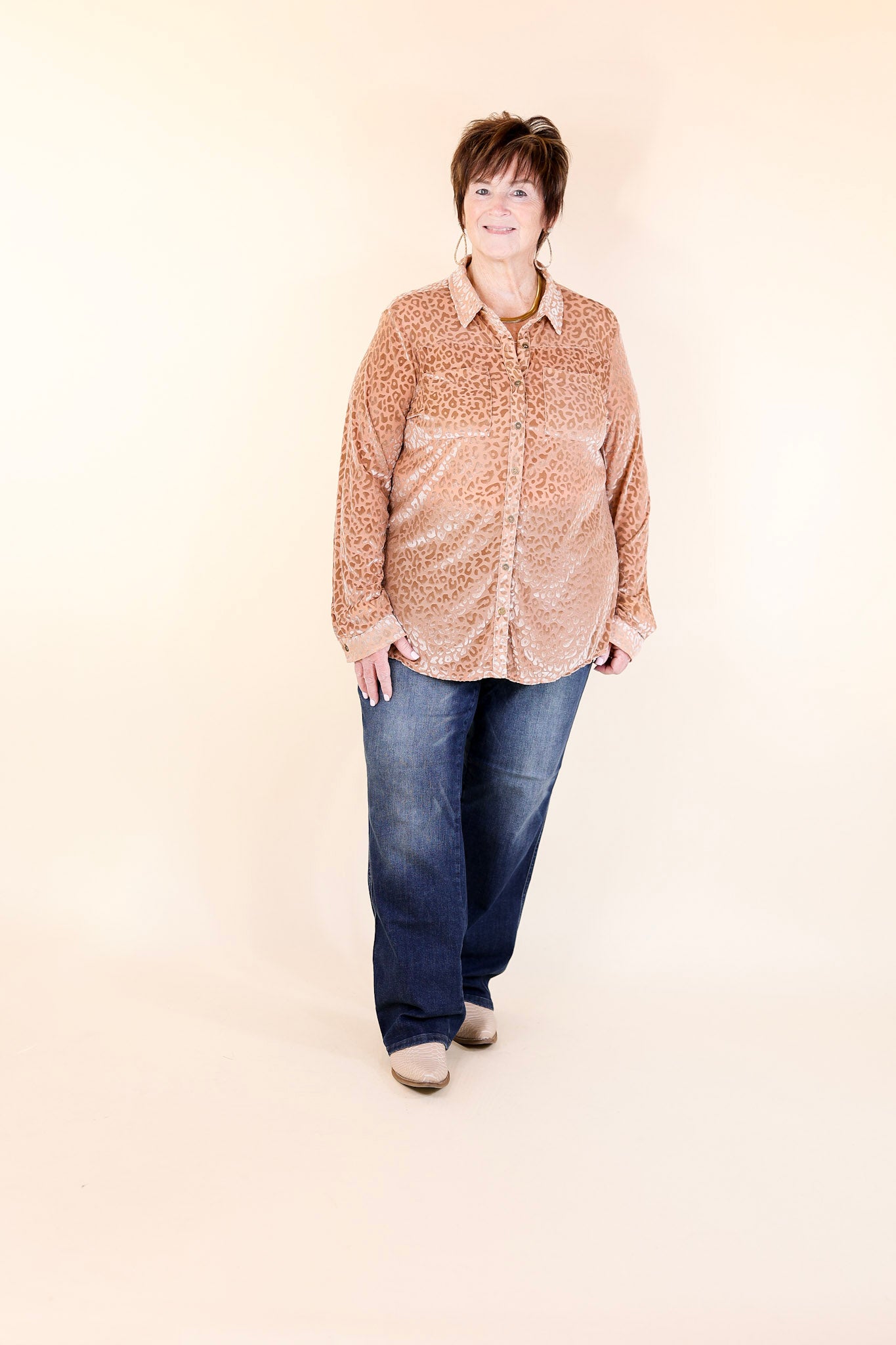 Premium Champagne Velvet Animal Print Blouse - Long Sleeve Button-Up for Evening Elegance