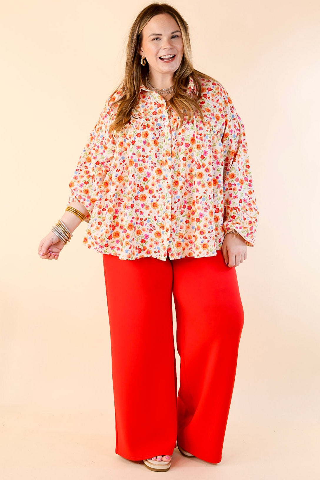 Premium Secret Garden Floral Print Blouse with Elegant Collar and Long Sleeves in Cream