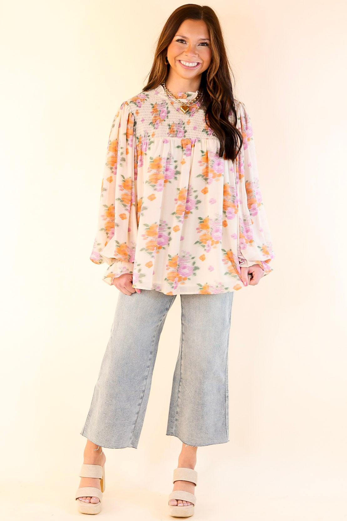 Premium Garden Glow Watercolor Floral Blouse - Elegant High Neckline in Ivory