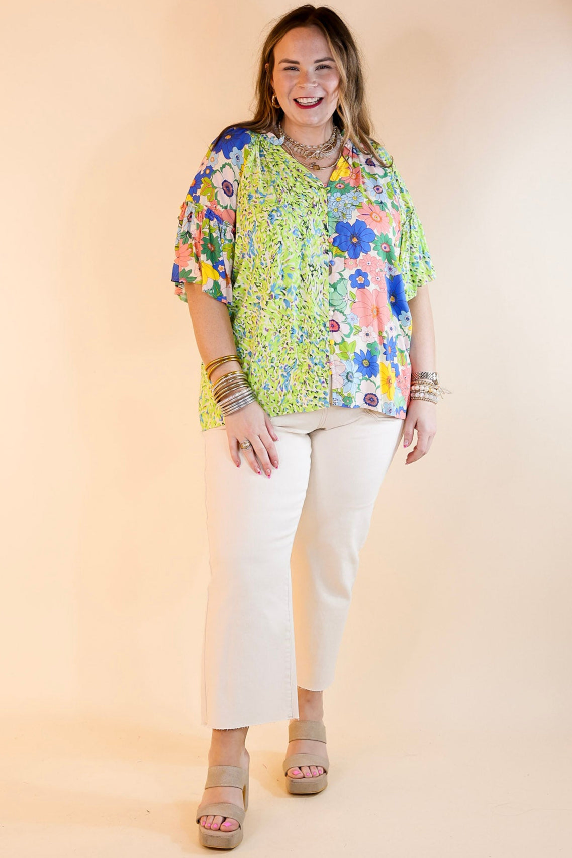 Premium Double Time Abstract & Floral Print Top - Green & Blue Statement Piece