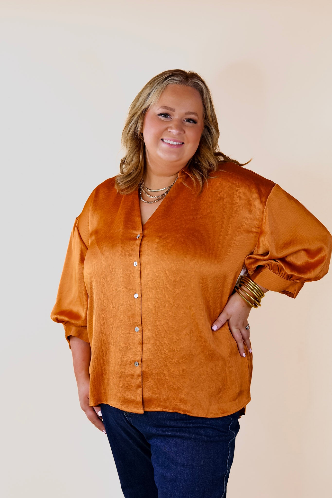 Premium Sweet Notion Button-Up Top with Balloon Sleeves in Pumpkin Orange