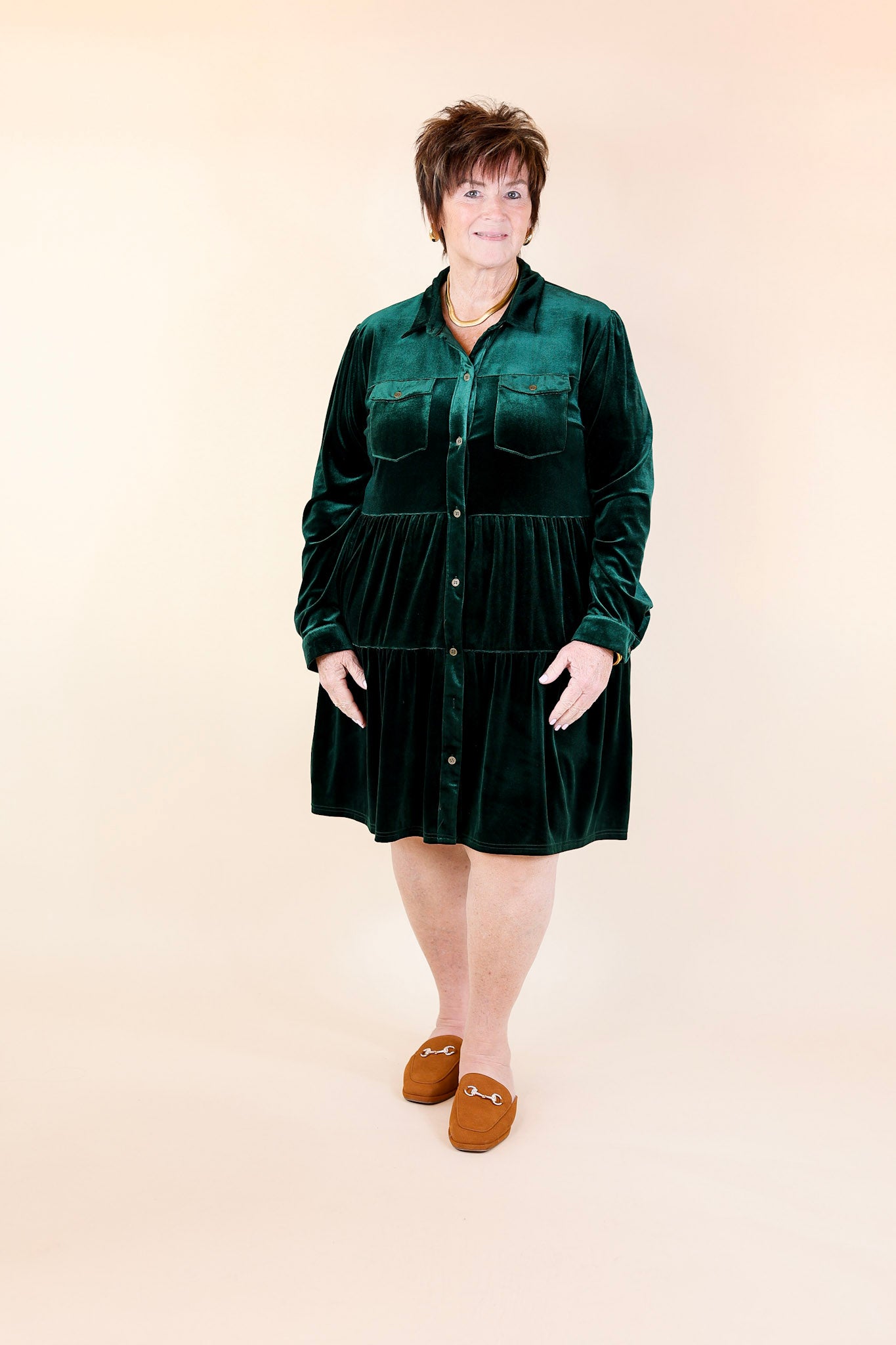 Premium Velvet Button-Up Dress - Emerald Green Elegance