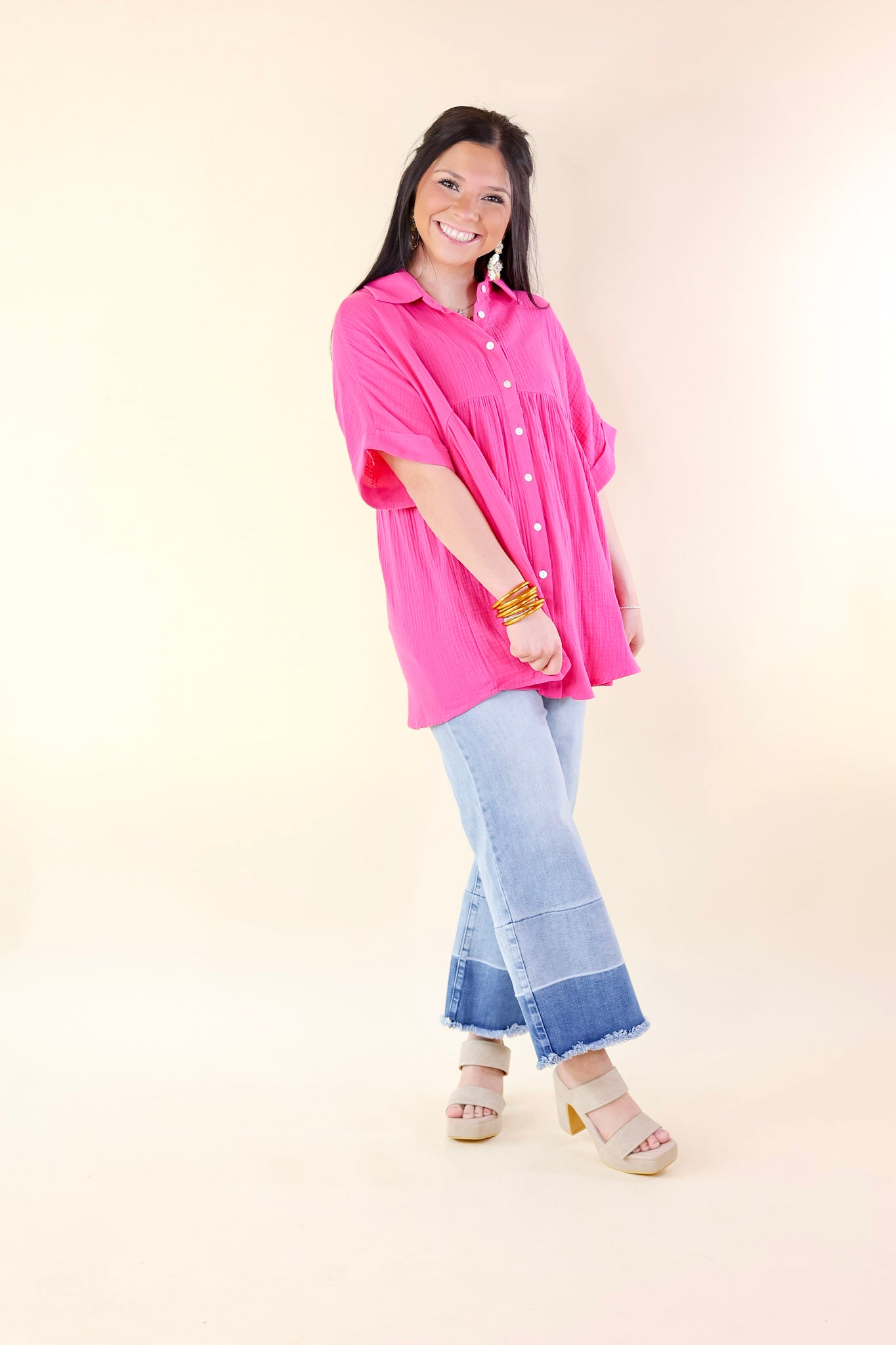 Premium Mellow Mood Collared Button-Up Babydoll Top - Hot Pink
