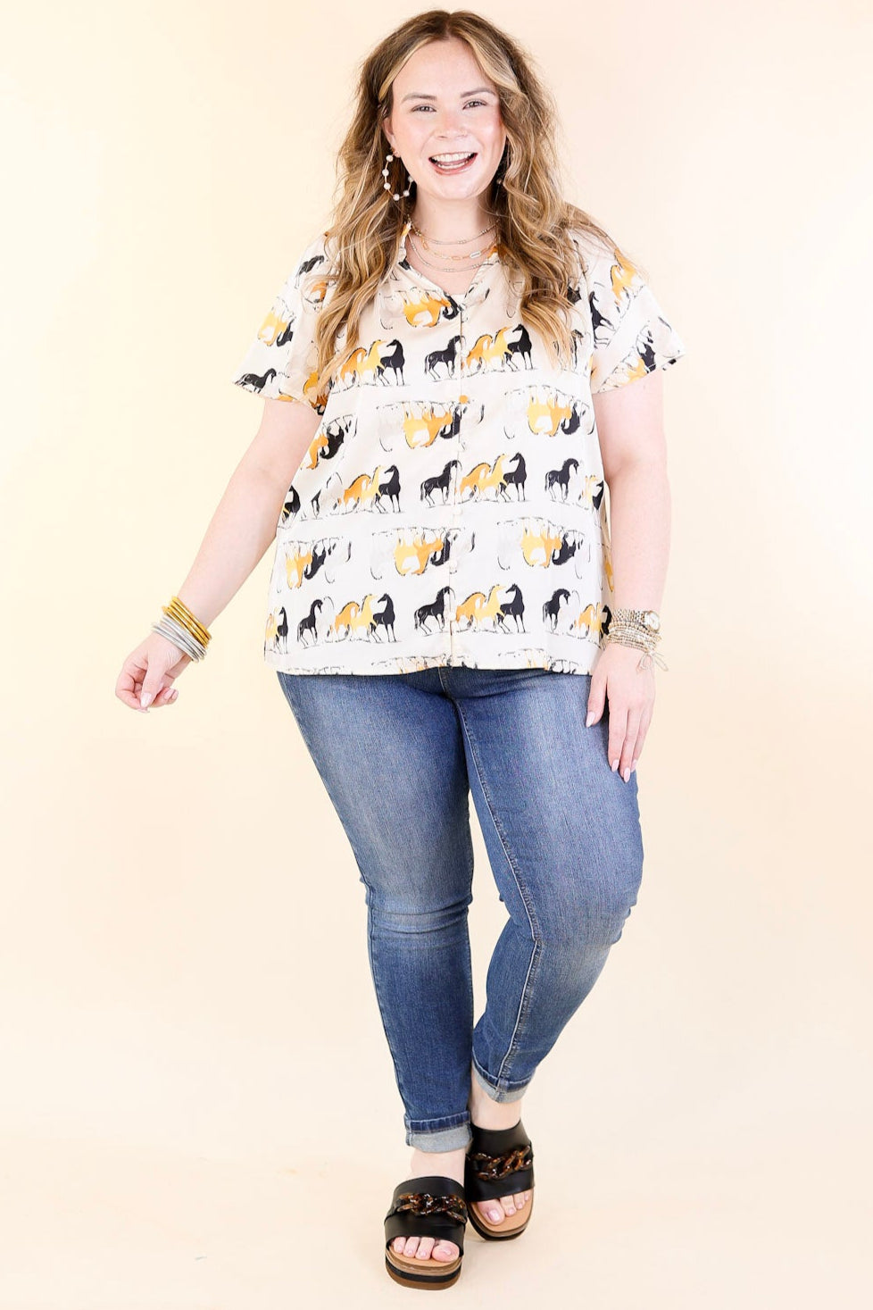 Premium Away We Go Ivory Horse Print Button-Up Shirt
