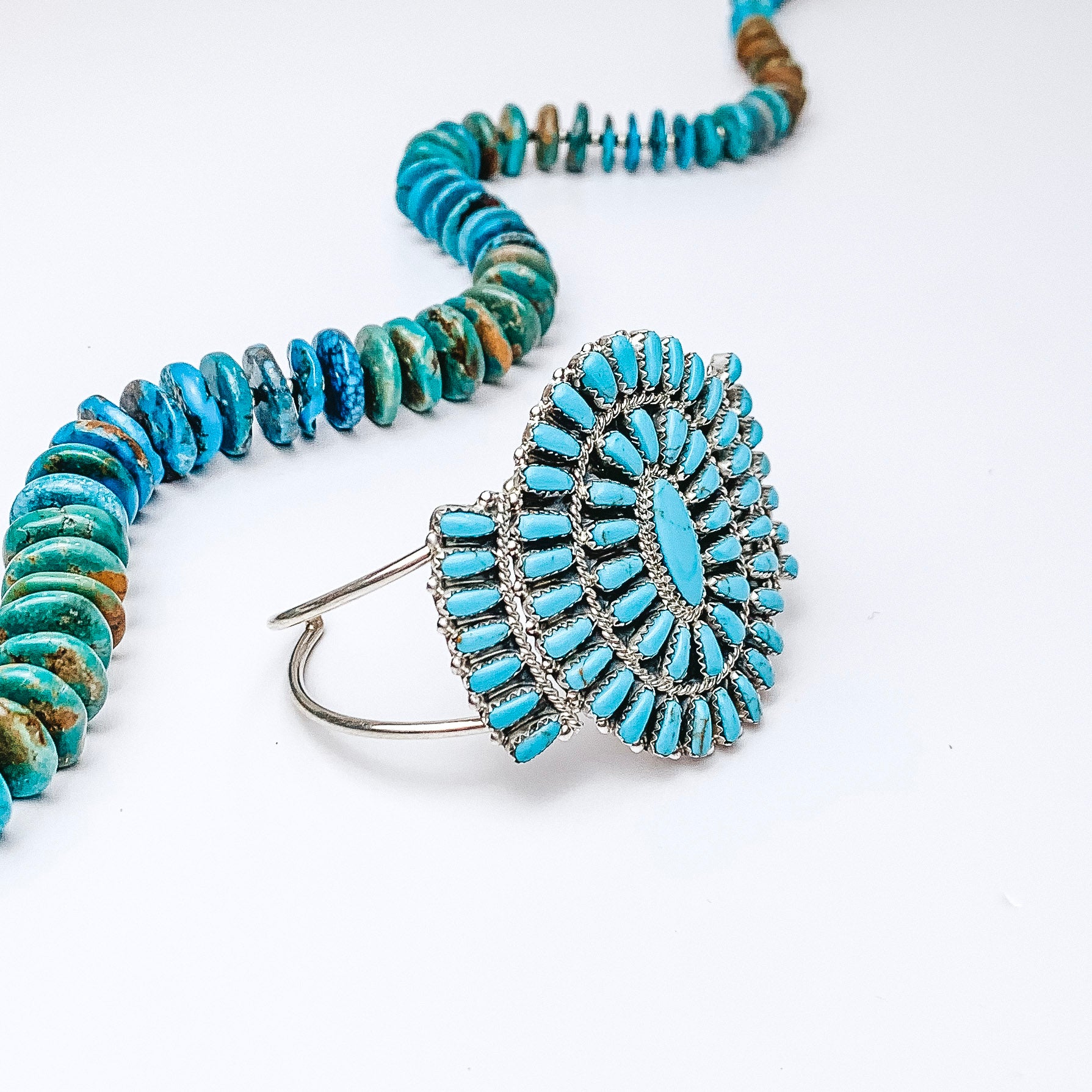 Premium Navajo Handmade Sterling Silver & Kingman Turquoise Cluster Cuff Bracelet by Divina Benally