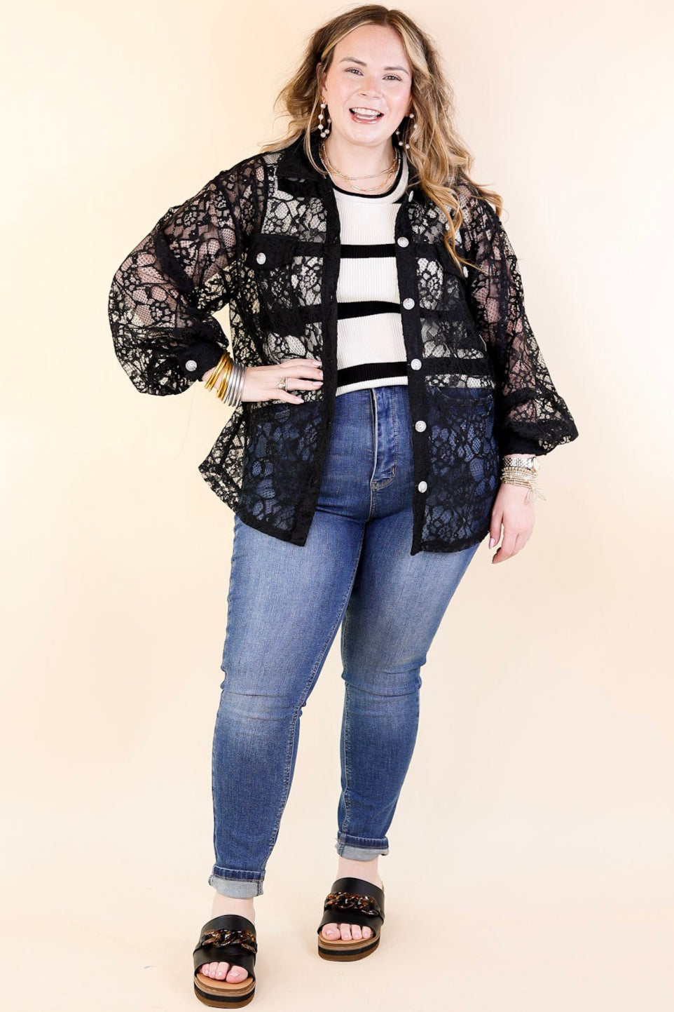 Ultimate Sheer Elegance: Black Lace Collared Button-Up Top