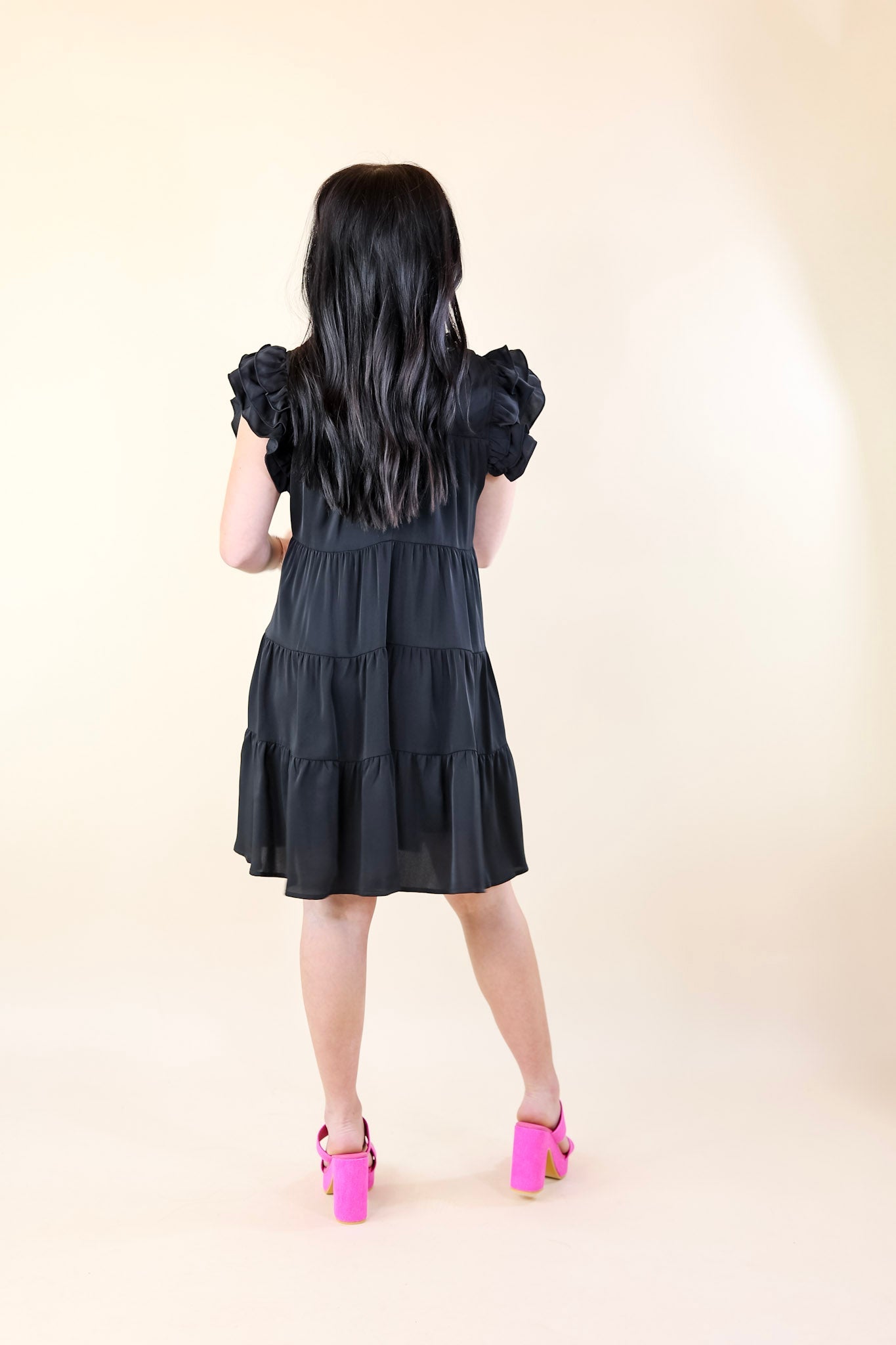 Premium Black Ruffle Tiered Dress with Pleated Detailing