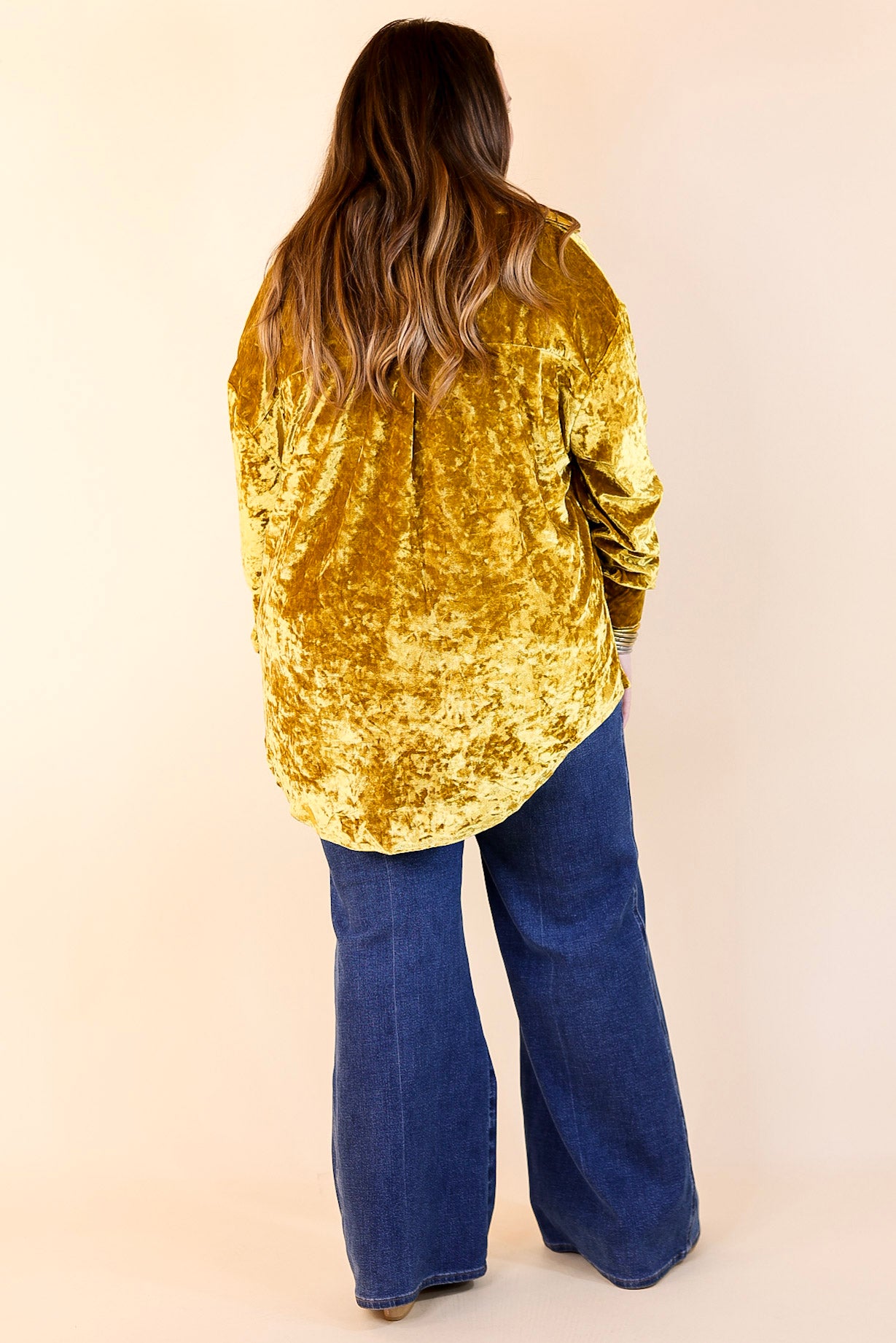 Premium Velvet Long Sleeve Button-Up Blouse in Mustard Yellow