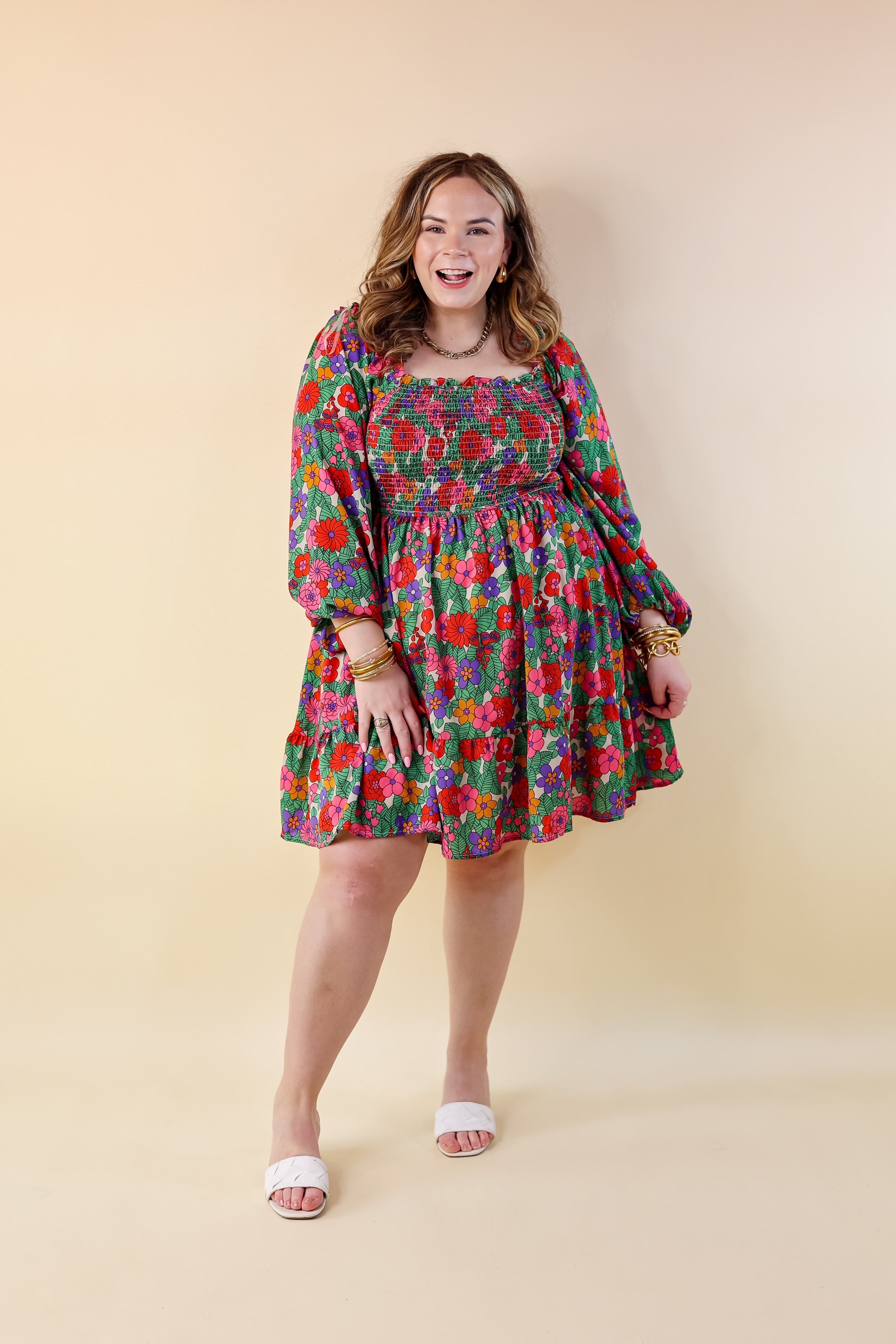 Premium People Person Floral Dress - Smocked Bodice & Ruffled Neckline