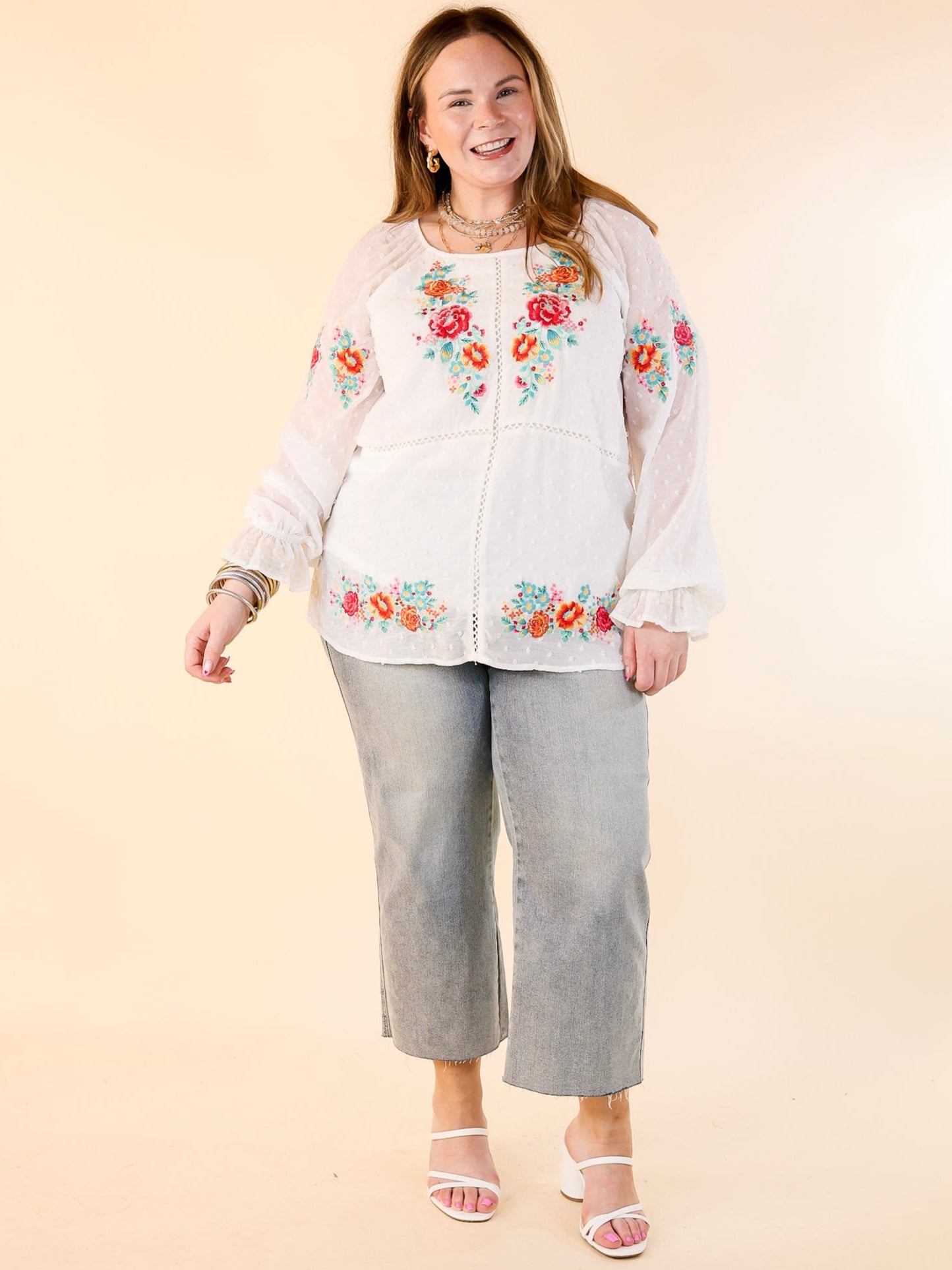 Premium Swiss Dot Long Sleeve Blouse with Floral Embroidery - Spring Essential