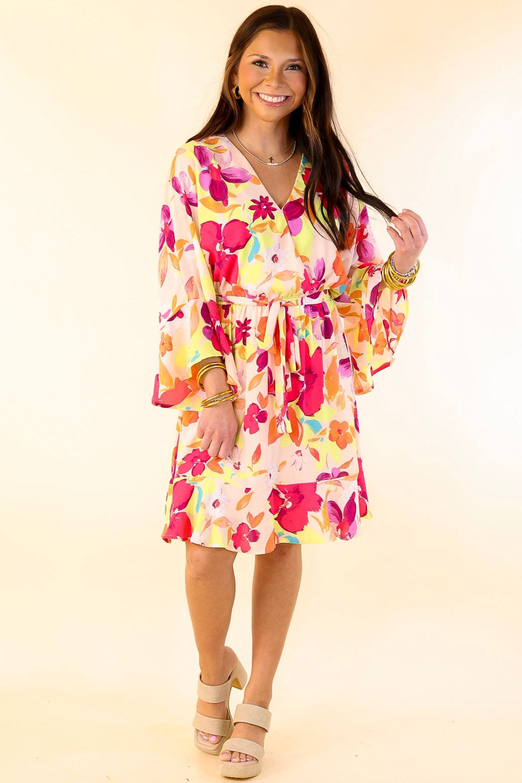 Premium Floral Ruffle Sleeve V-Neck Dress with Waist Tie - Blush Pink