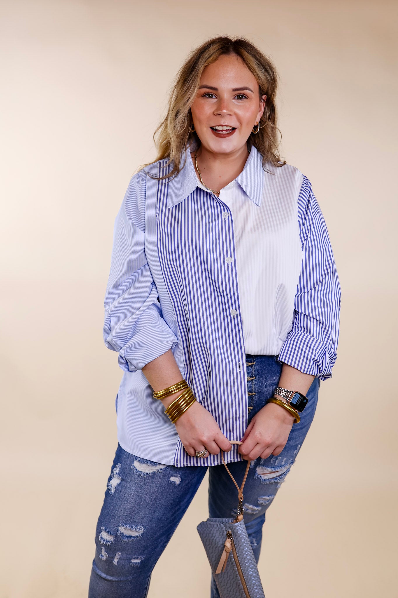 Premium Pin Stripe Color Block Button-Up Top - Blue & White