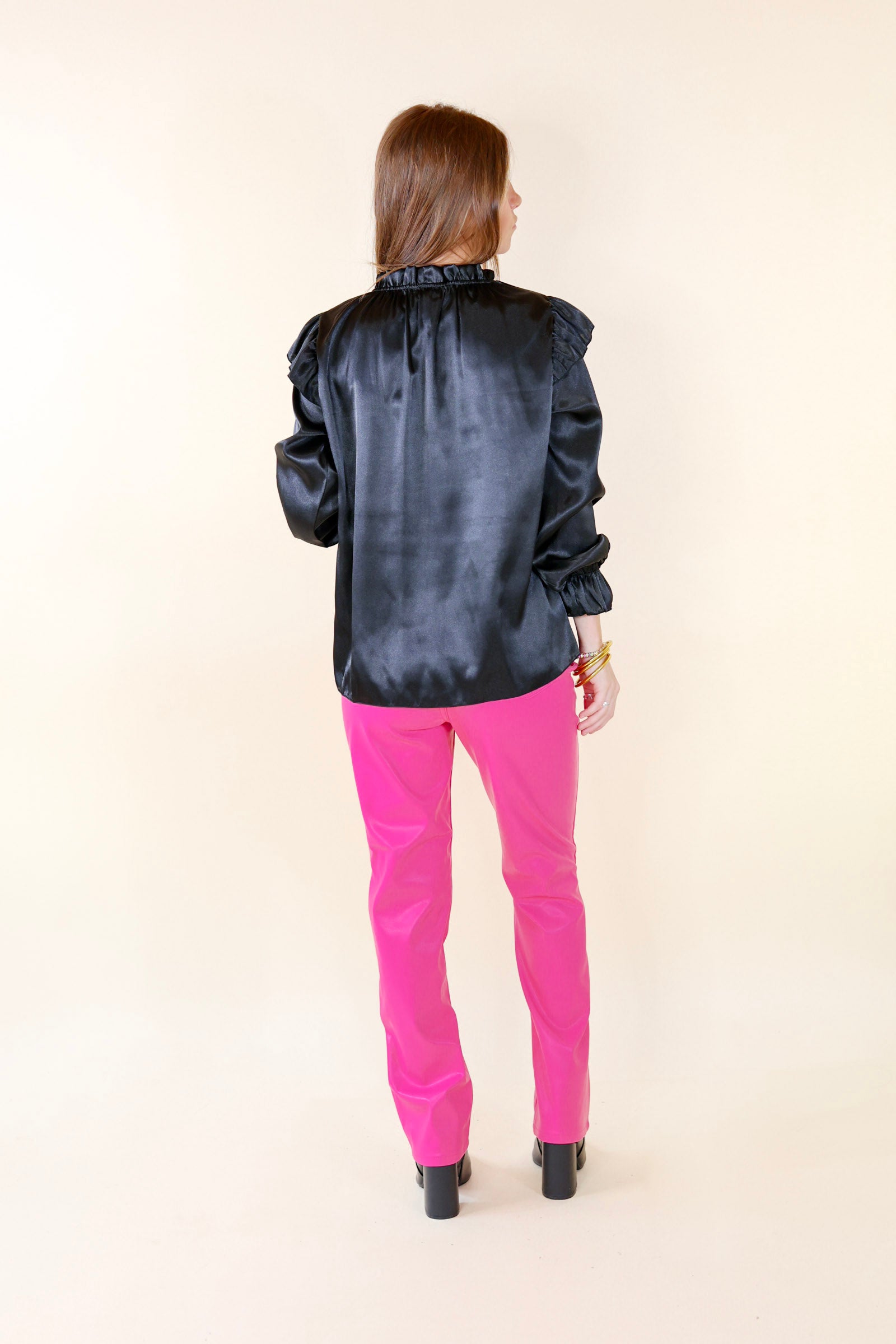 Premium Ruffle Mock Neck Satin Blouse - Ultimate Elegance in Black