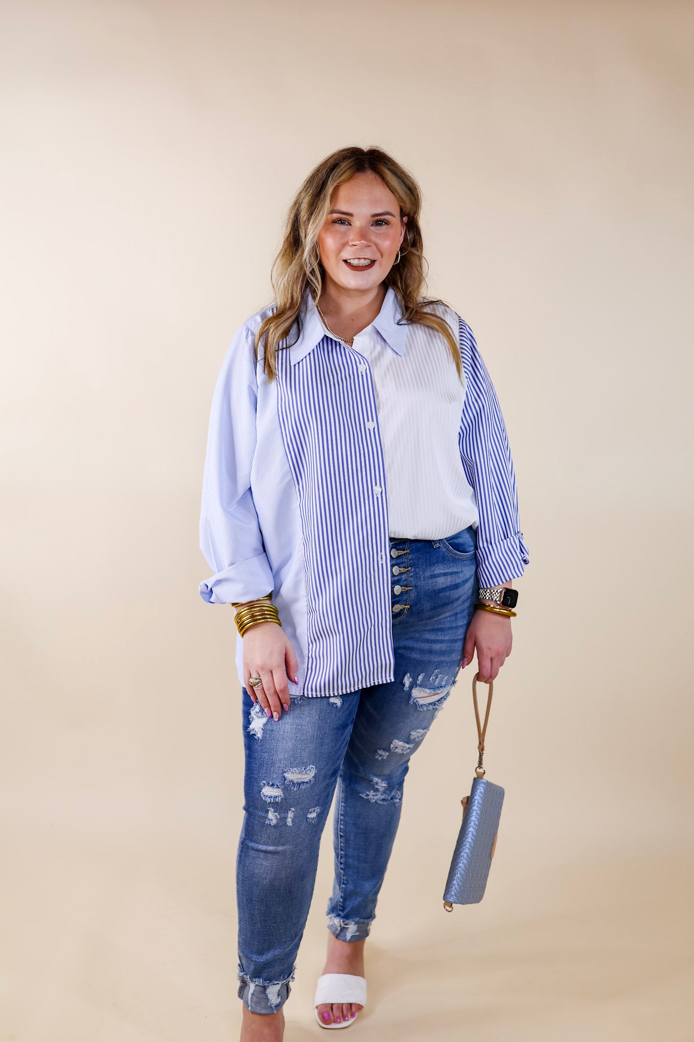 Premium Pin Stripe Color Block Button-Up Top - Blue & White