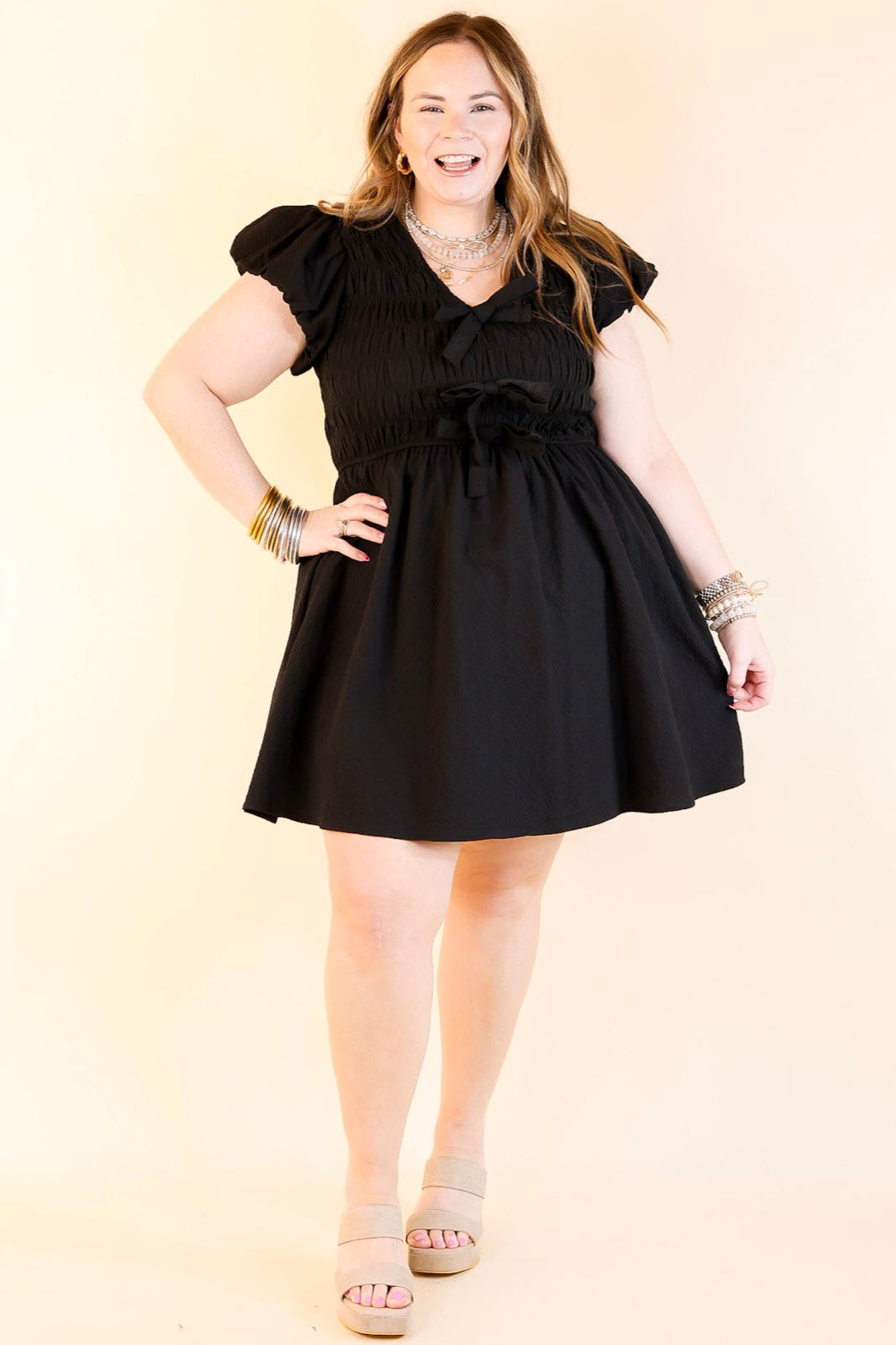 Premium Elegance Cap Sleeve Bow Dress in Black