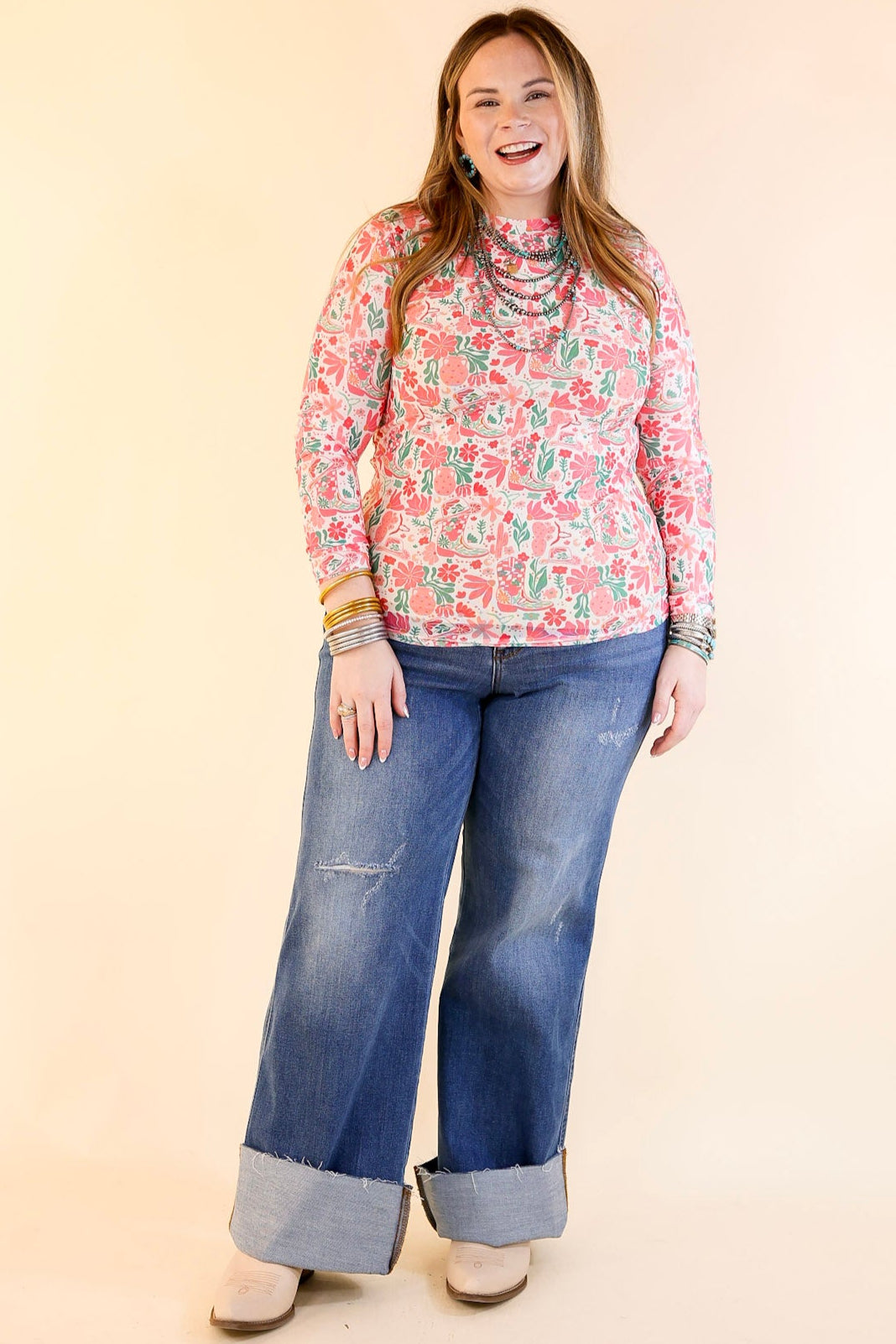 Premium Western Dream Mesh Long Sleeve Top - Pink Floral Print