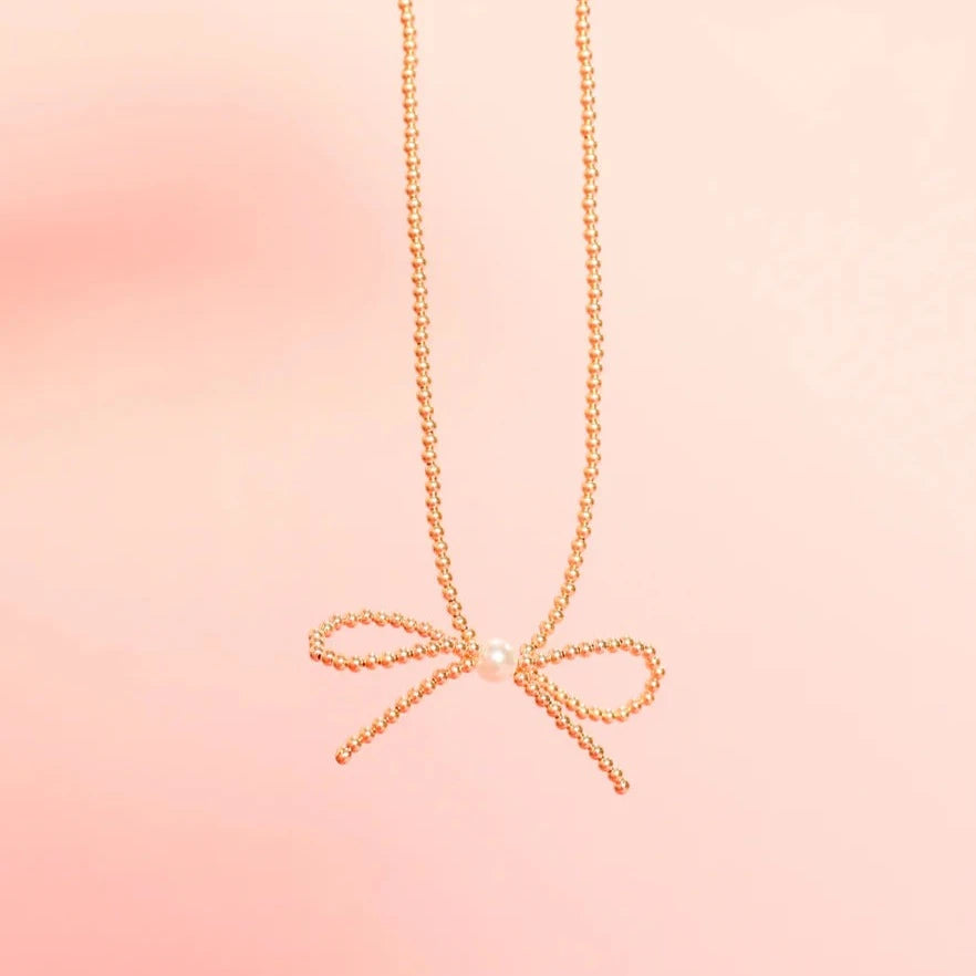 Premium Gold Bow Necklace with Pearl Accent | Ultimate Sophistication