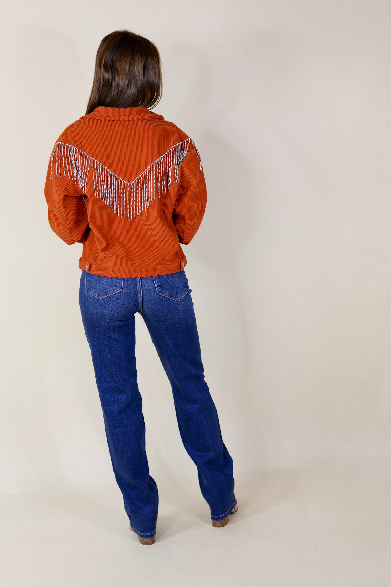 Ultimate Rust Orange Corduroy Shacket with Crystal Fringe Back