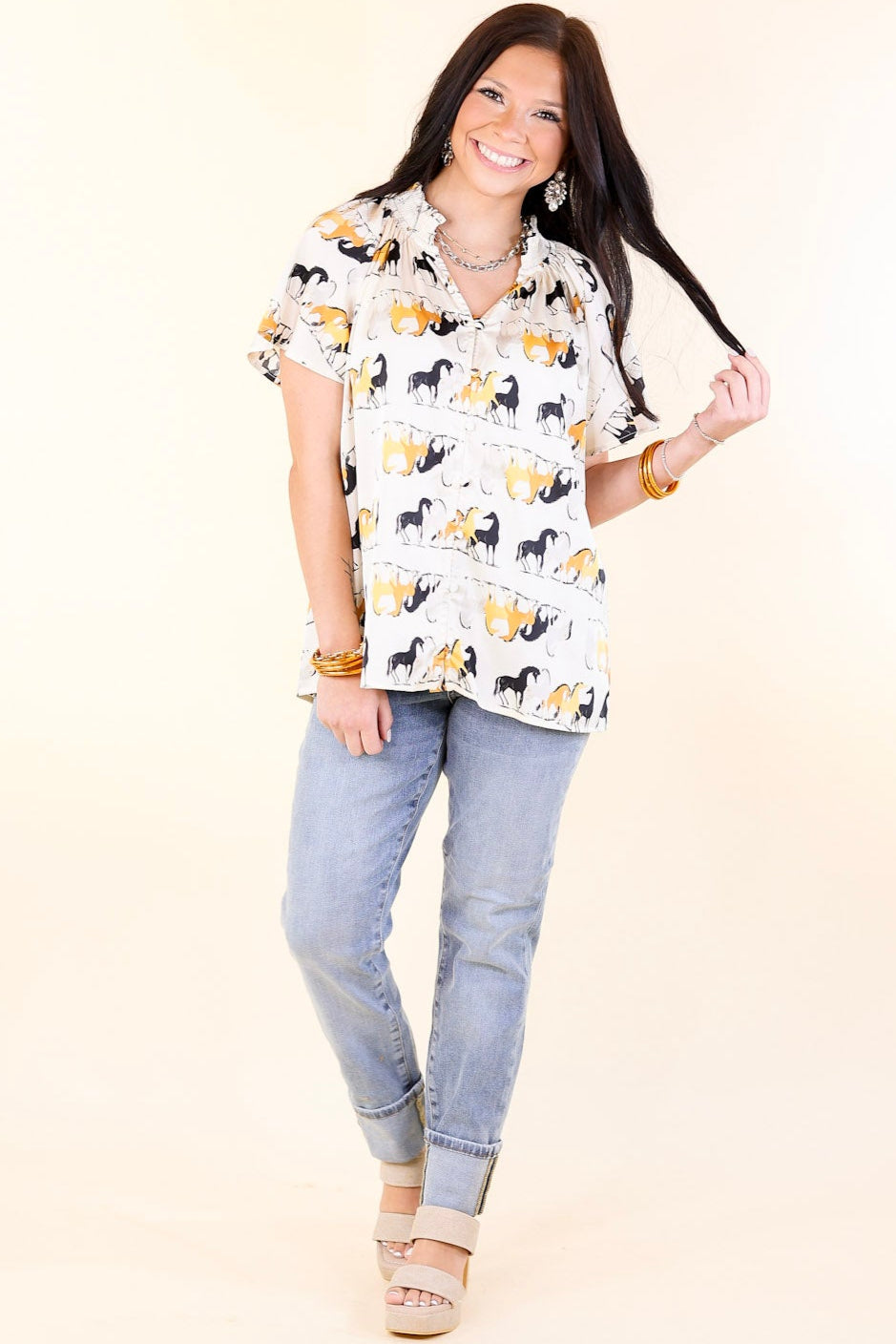 Premium Away We Go Ivory Horse Print Button-Up Shirt