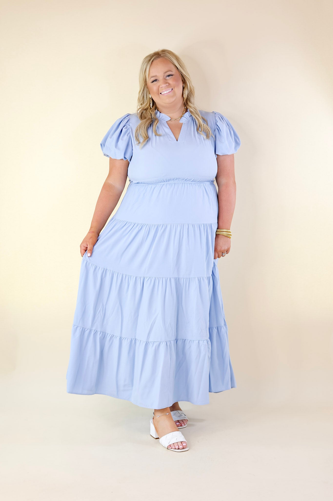 Ultimate 'Table for Two' Tiered Maxi Dress - Chambray Blue with Puff Sleeves