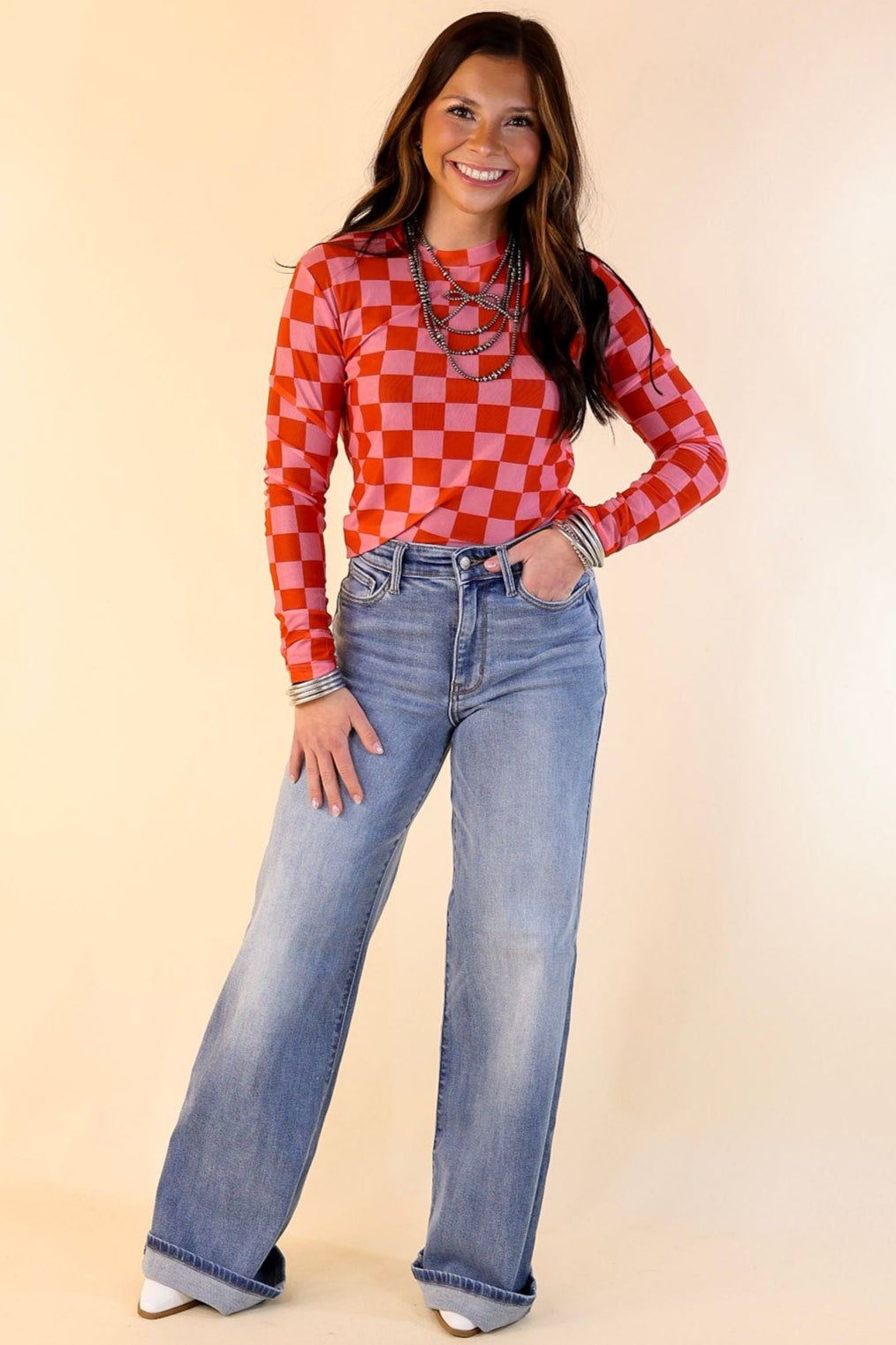 Premium Western Dream Checkered Mesh Long Sleeve Top - Pink & Red