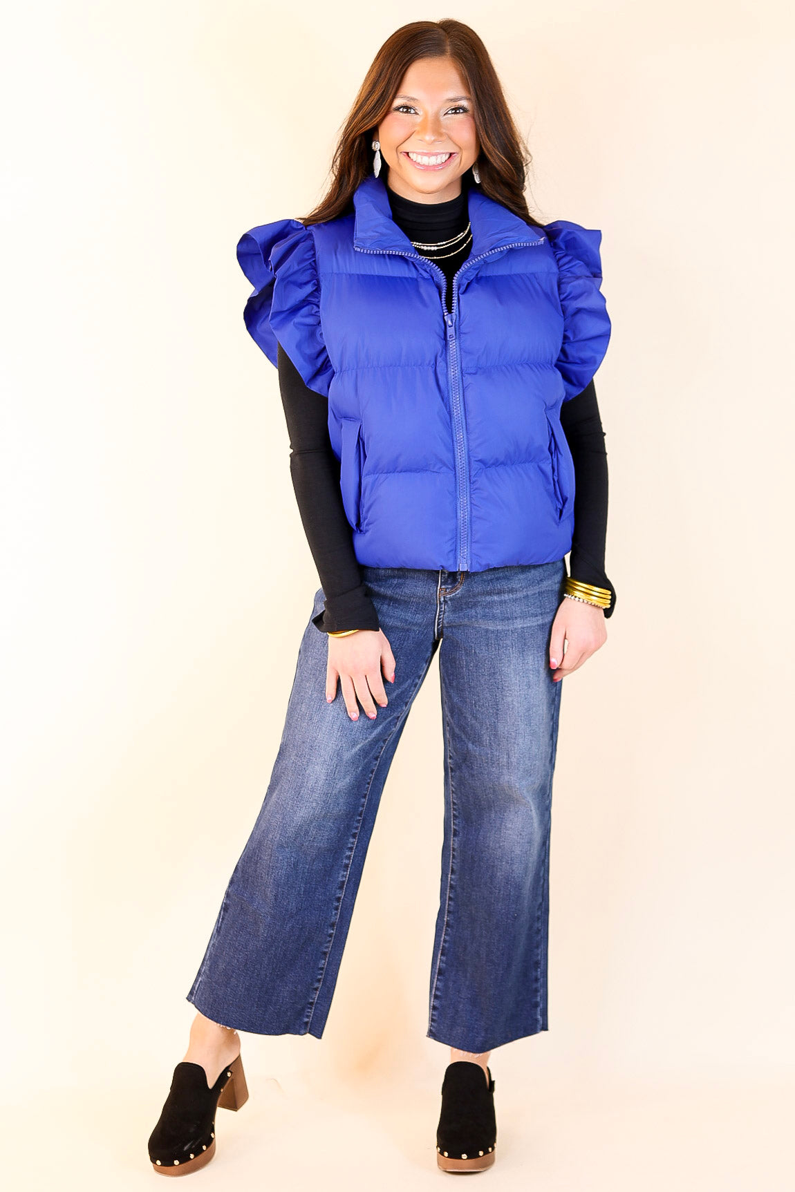 Premium All-Season Ruffle Sleeve Puffer Vest - Royal Blue