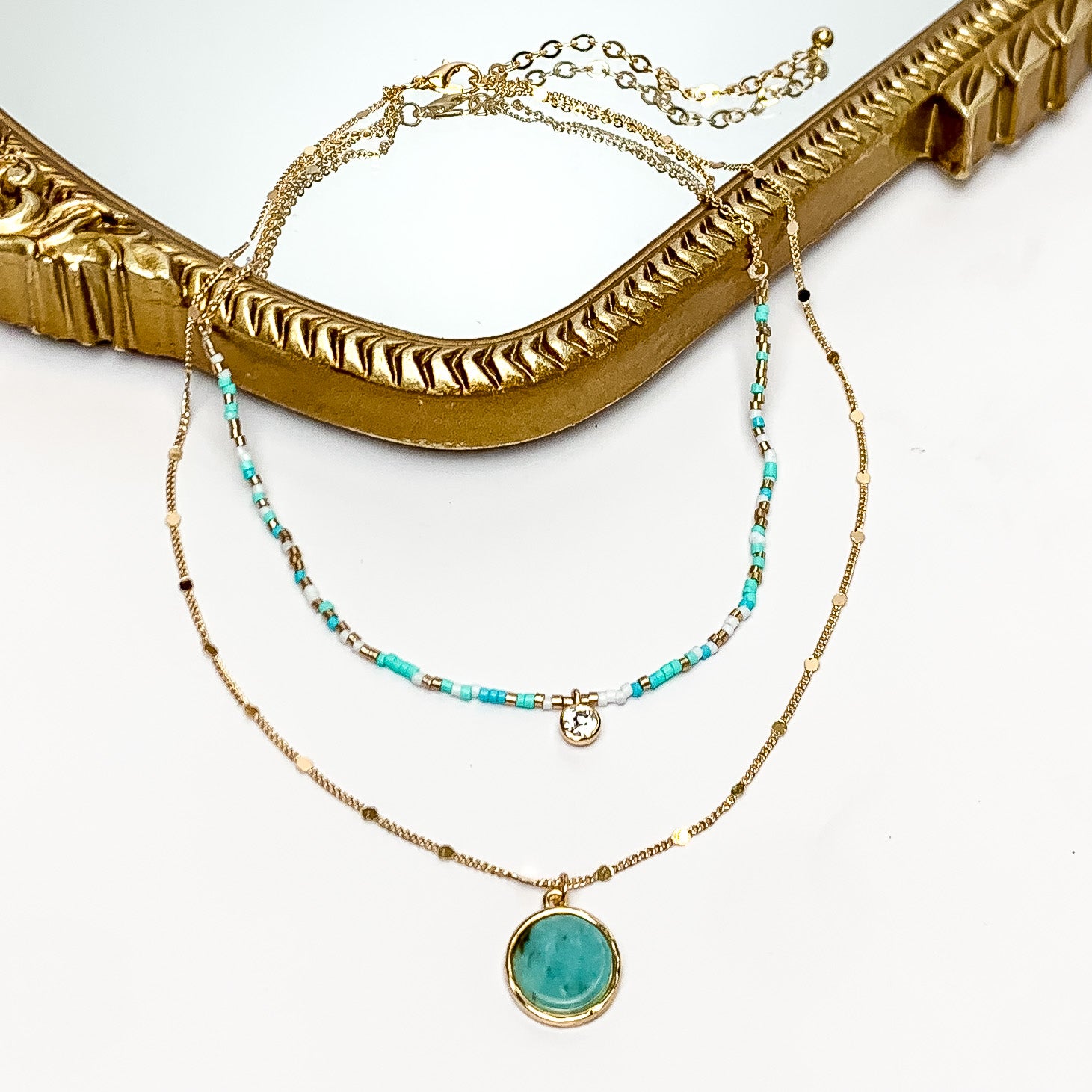 Premium Turquoise Goddess Double Chain Necklace - Gold Tone