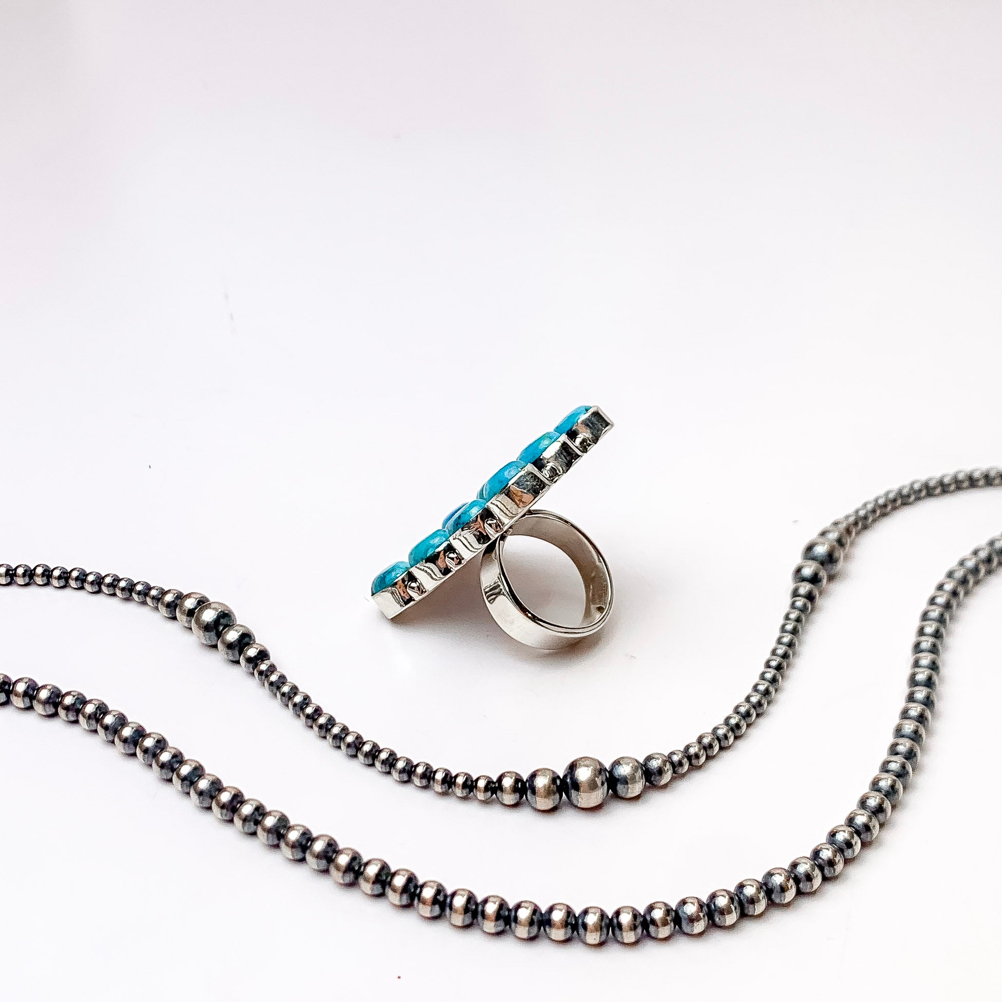 Premium Sterling Silver Adjustable Kingman Turquoise Cluster Ring | HaDa Collection
