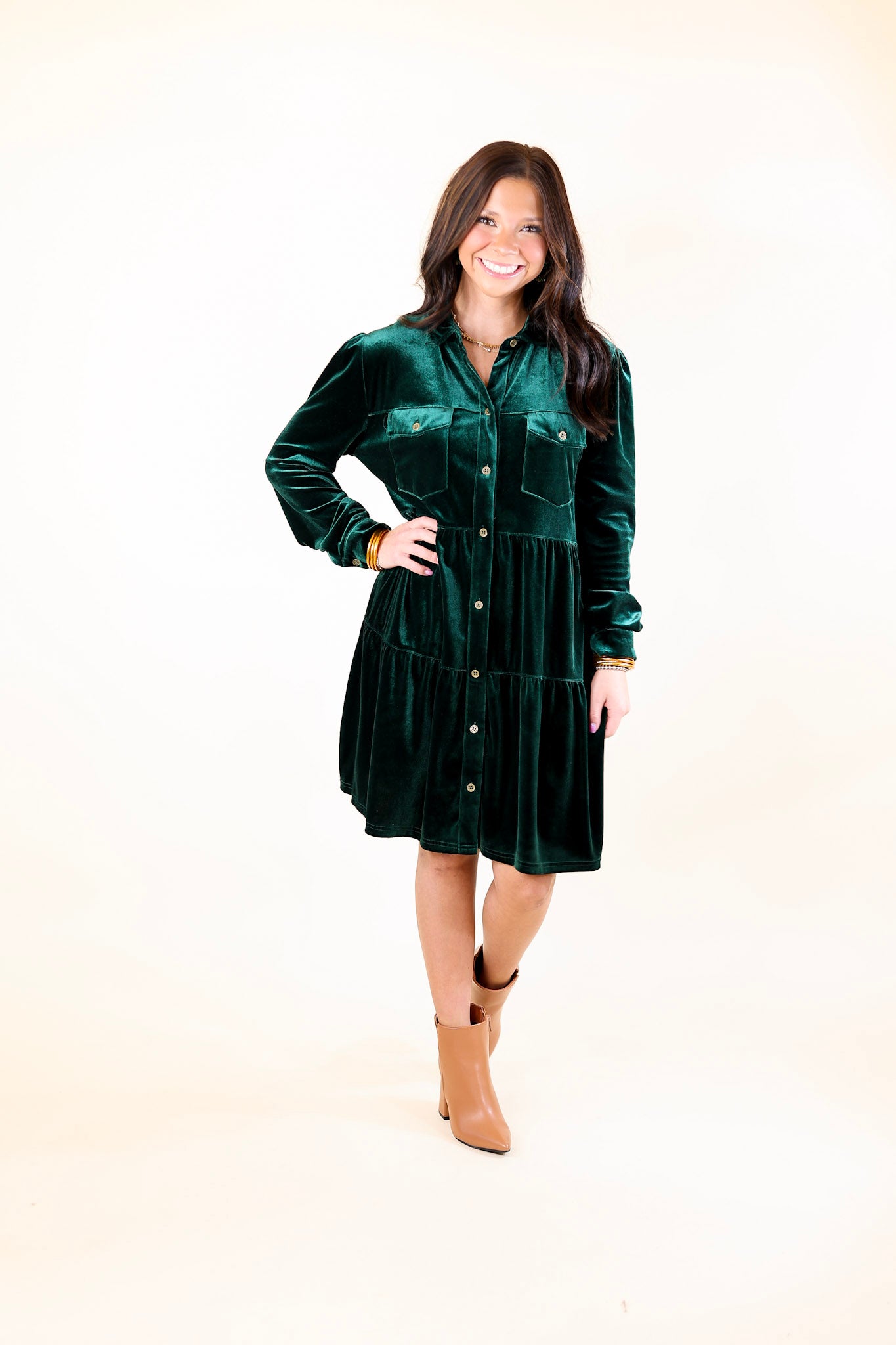 Premium Velvet Button-Up Dress - Emerald Green Elegance
