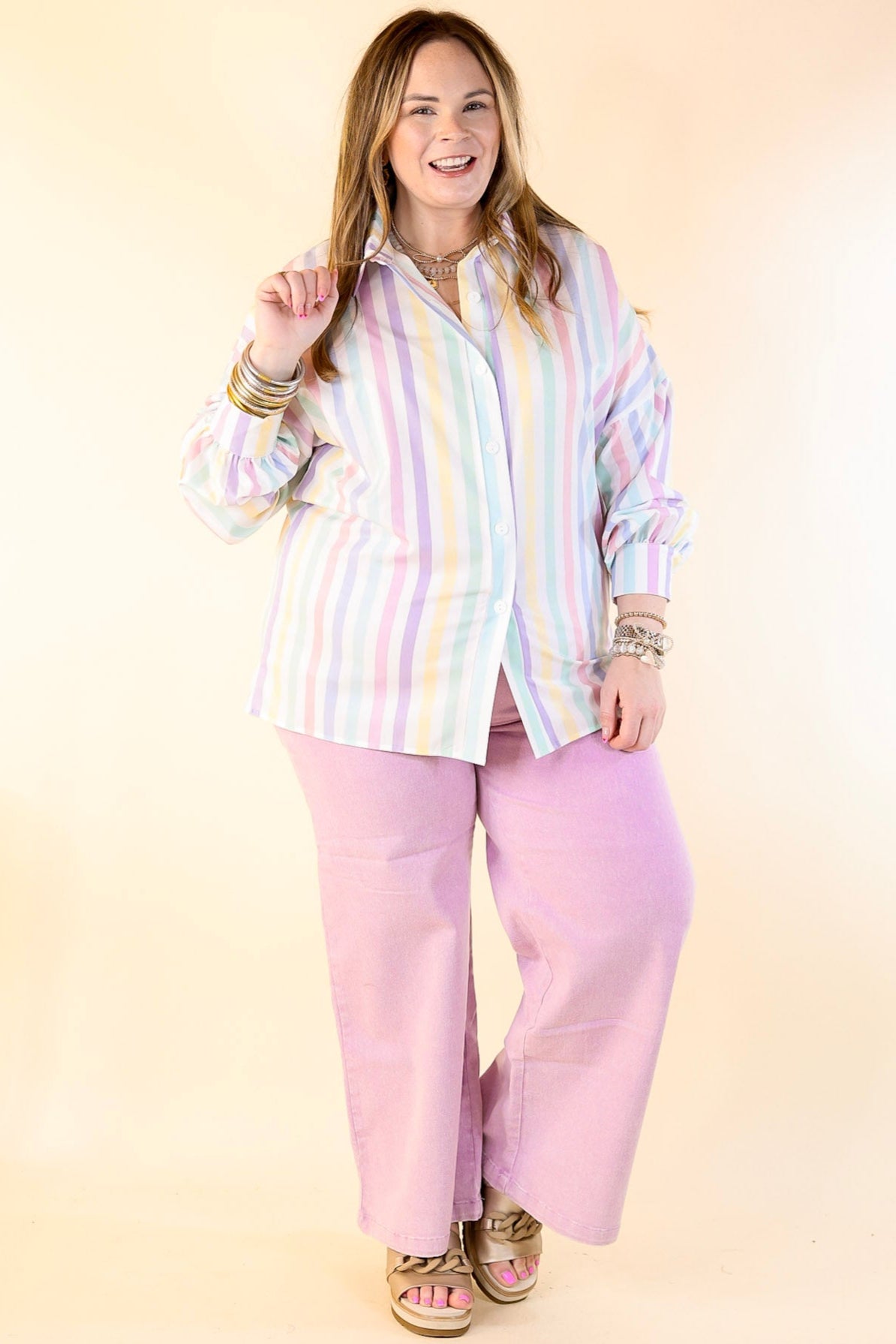 Ultimate Cowgirl Chic Button-Up Striped Blouse in Pastel White