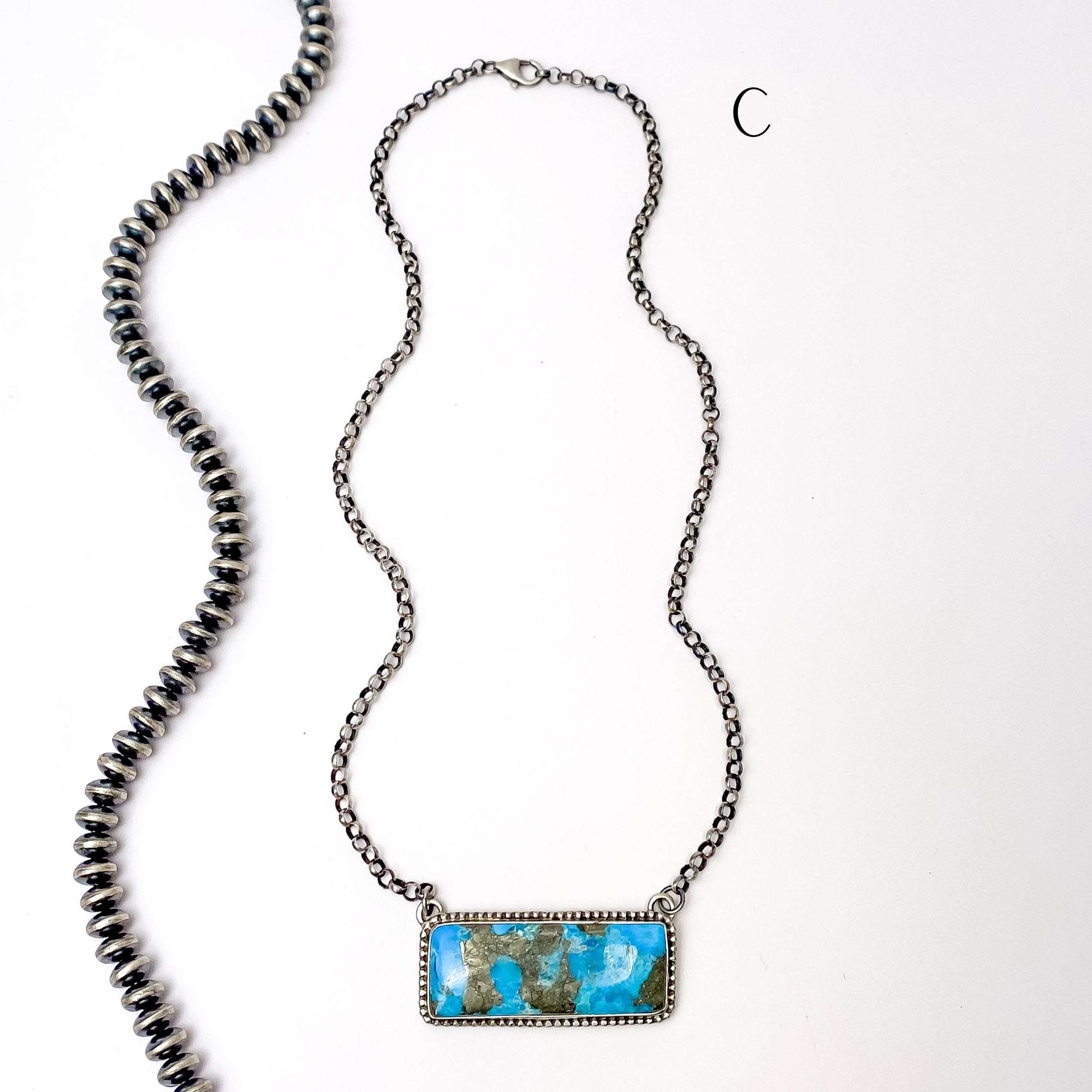 Premium Navajo Handmade Sterling Silver Chain Necklace with Kingman Turquoise Bar by P Yazzie