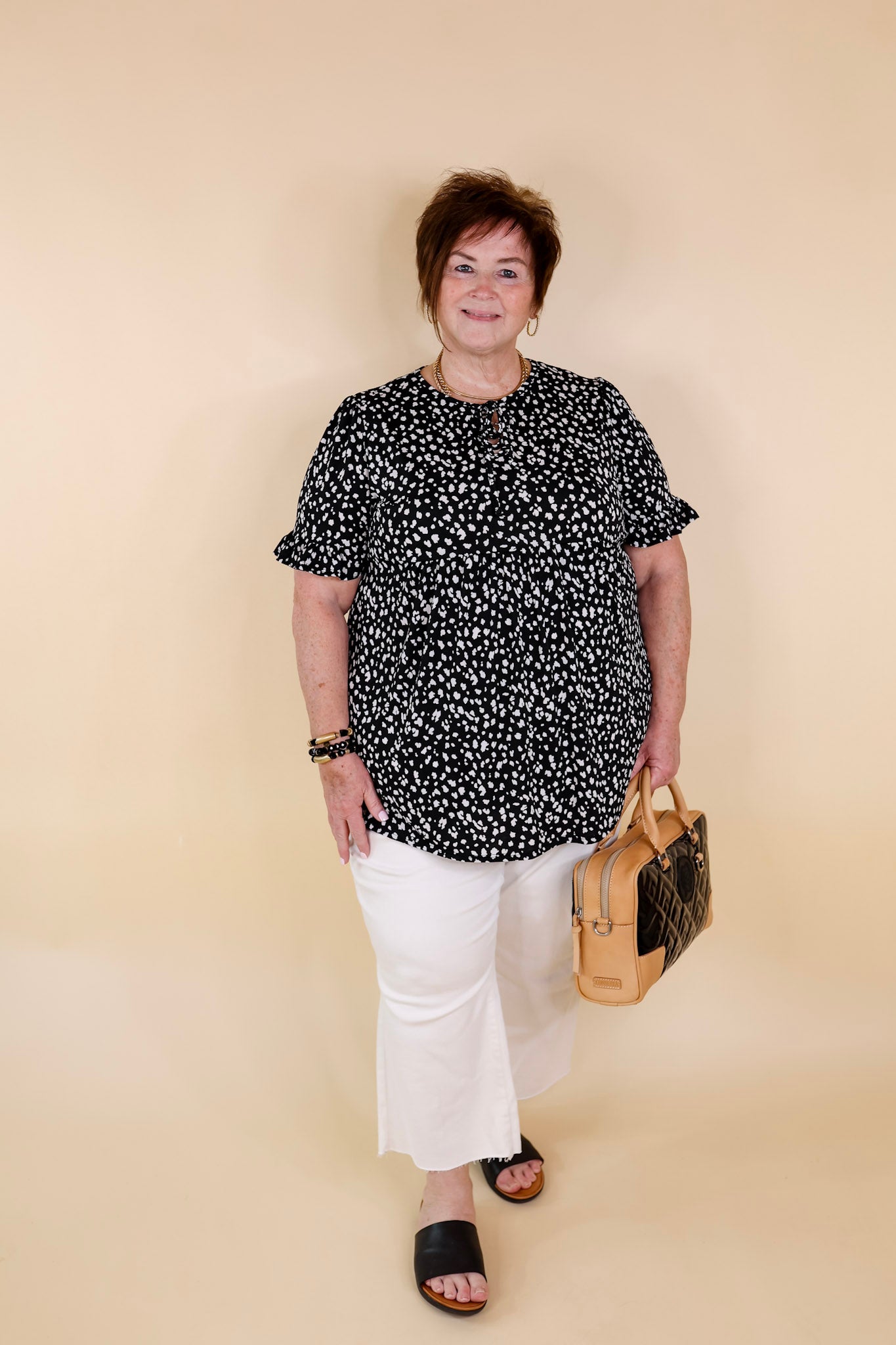 Premium Cheetah Print Babydoll Top - Black with Keyhole & Tie Neckline