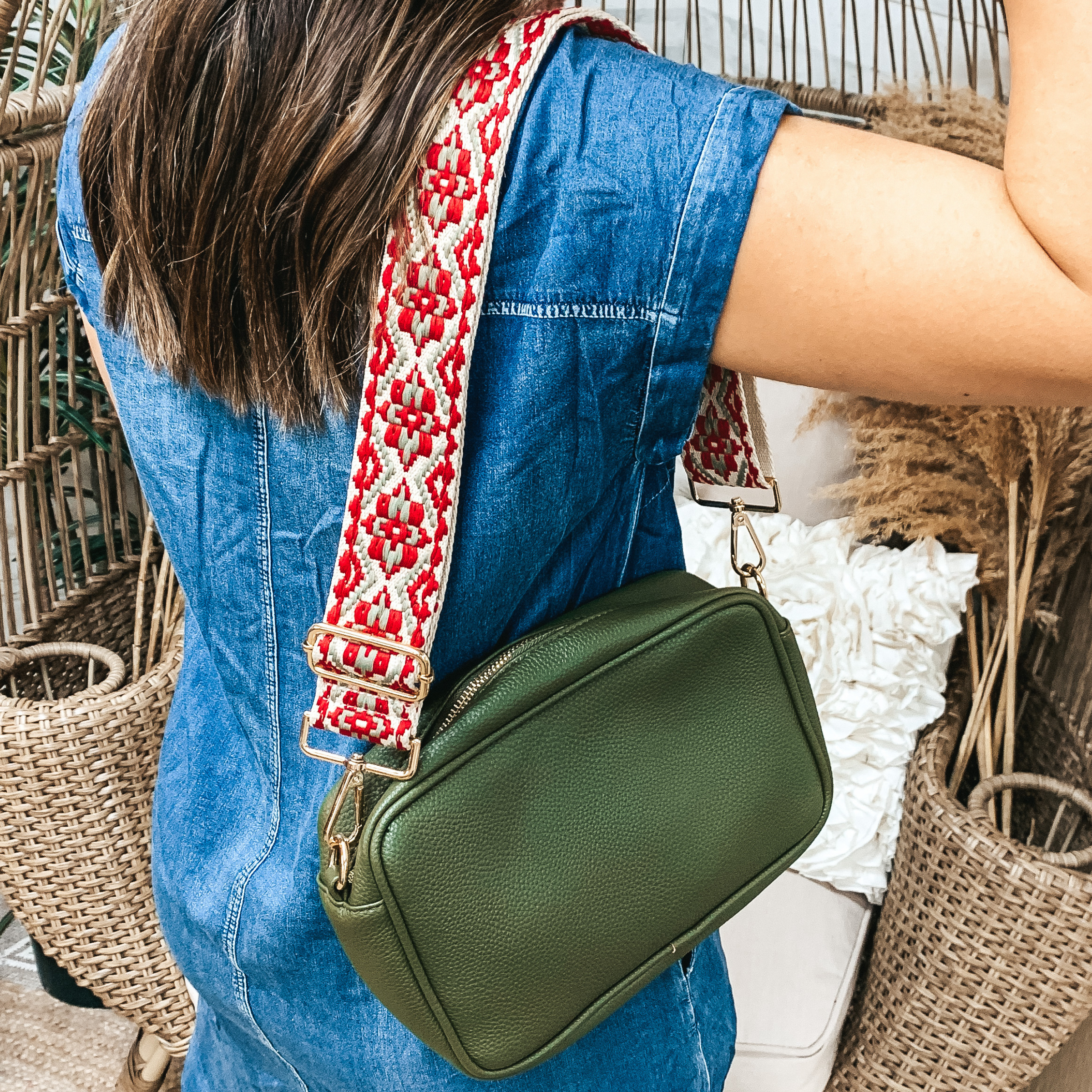 Premium Adjustable Aztec Embroidered Purse Strap in Sage & Red – Ultimate Style Upgrade