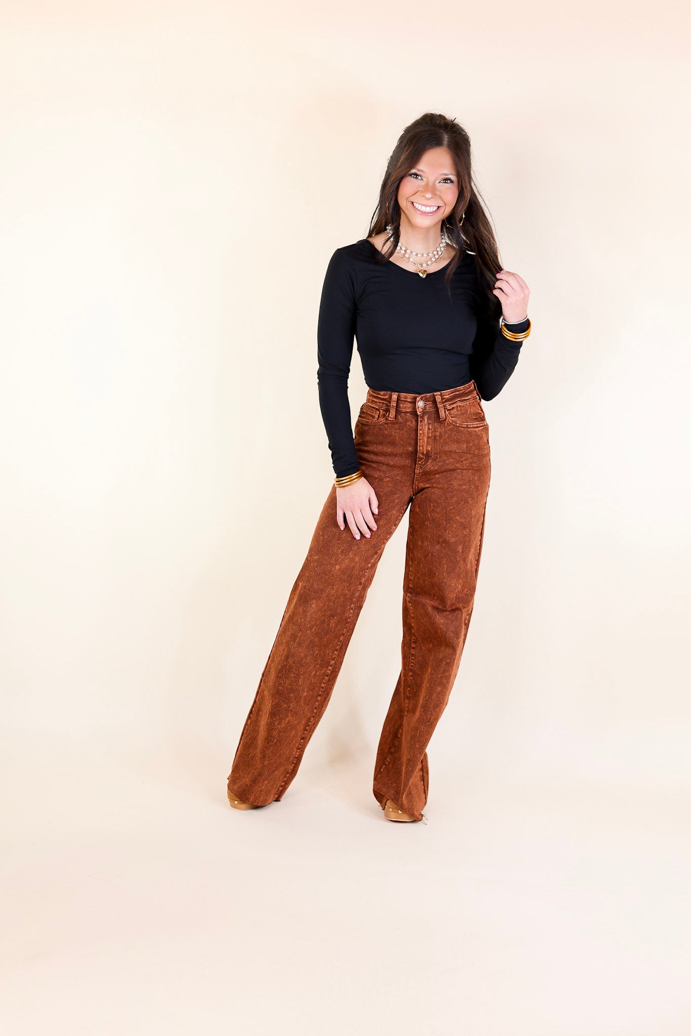 Judy Blue | Premium Harvest Hues High Waisted Wide Leg Jeans in Pumpkin Spice Brown