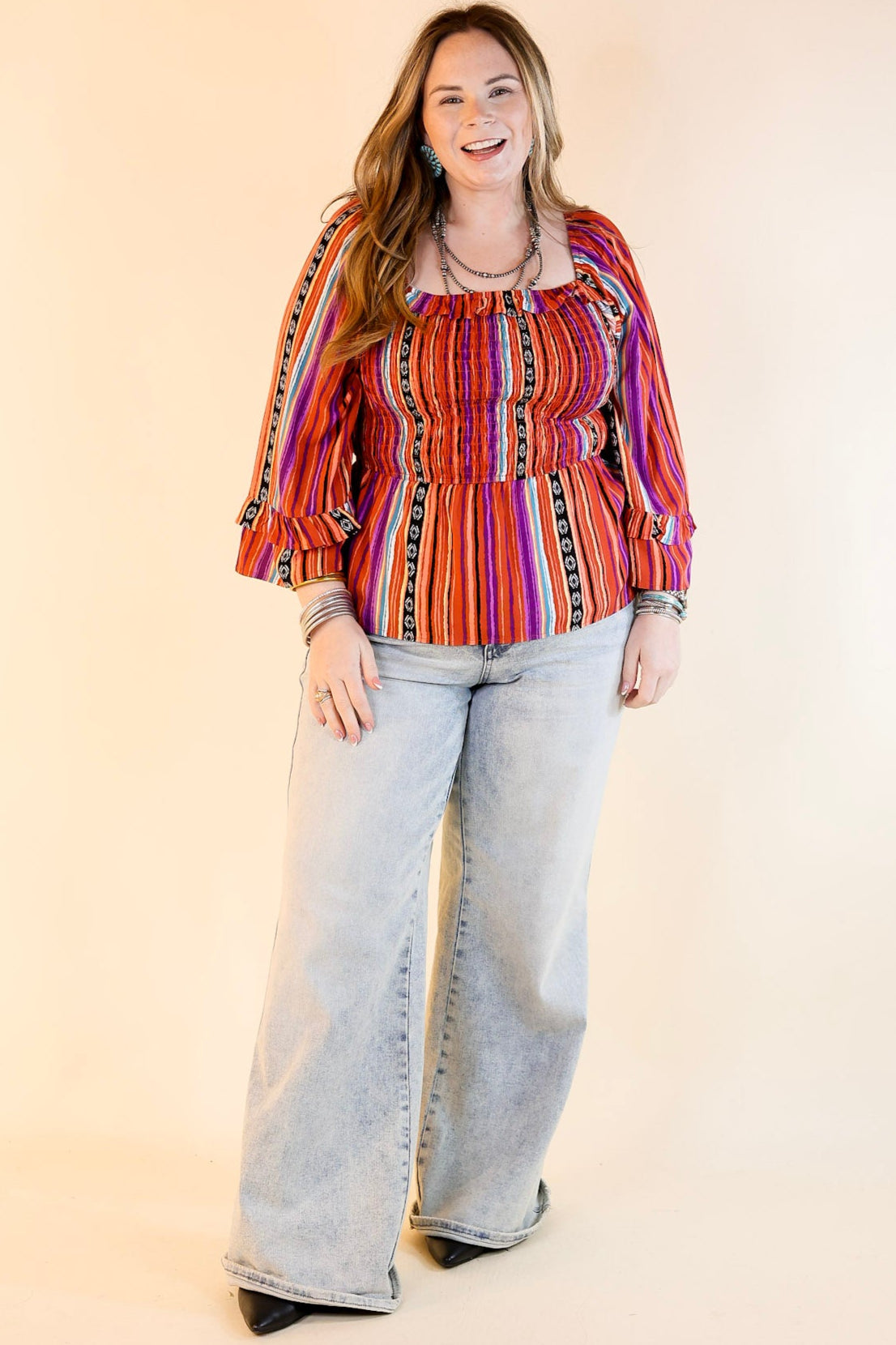 Premium Blissful Break Serape Print Peplum Top – Rust Orange Mix
