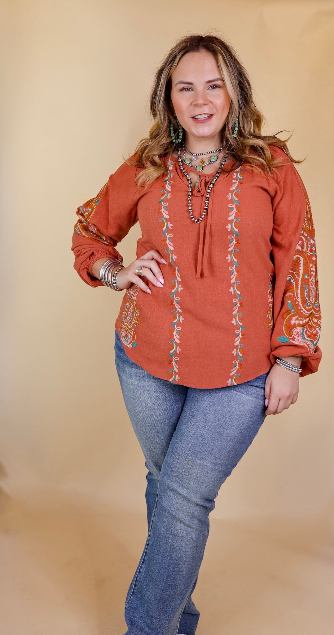 Premium Floral Embroidered Keyhole Top - Clay Orange | Ultimate Style & Comfort
