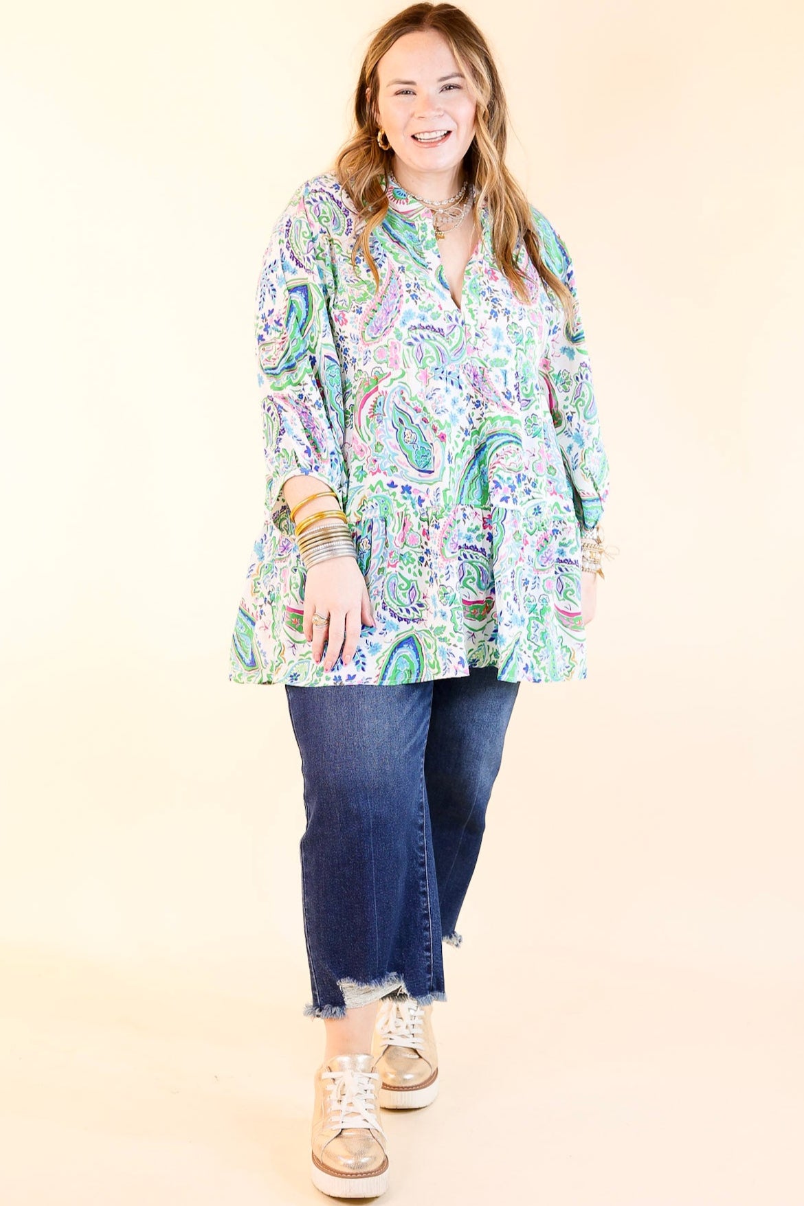 Premium Meadow Melody Paisley Babydoll Top - Green Mix | Ultimate Comfort & Style