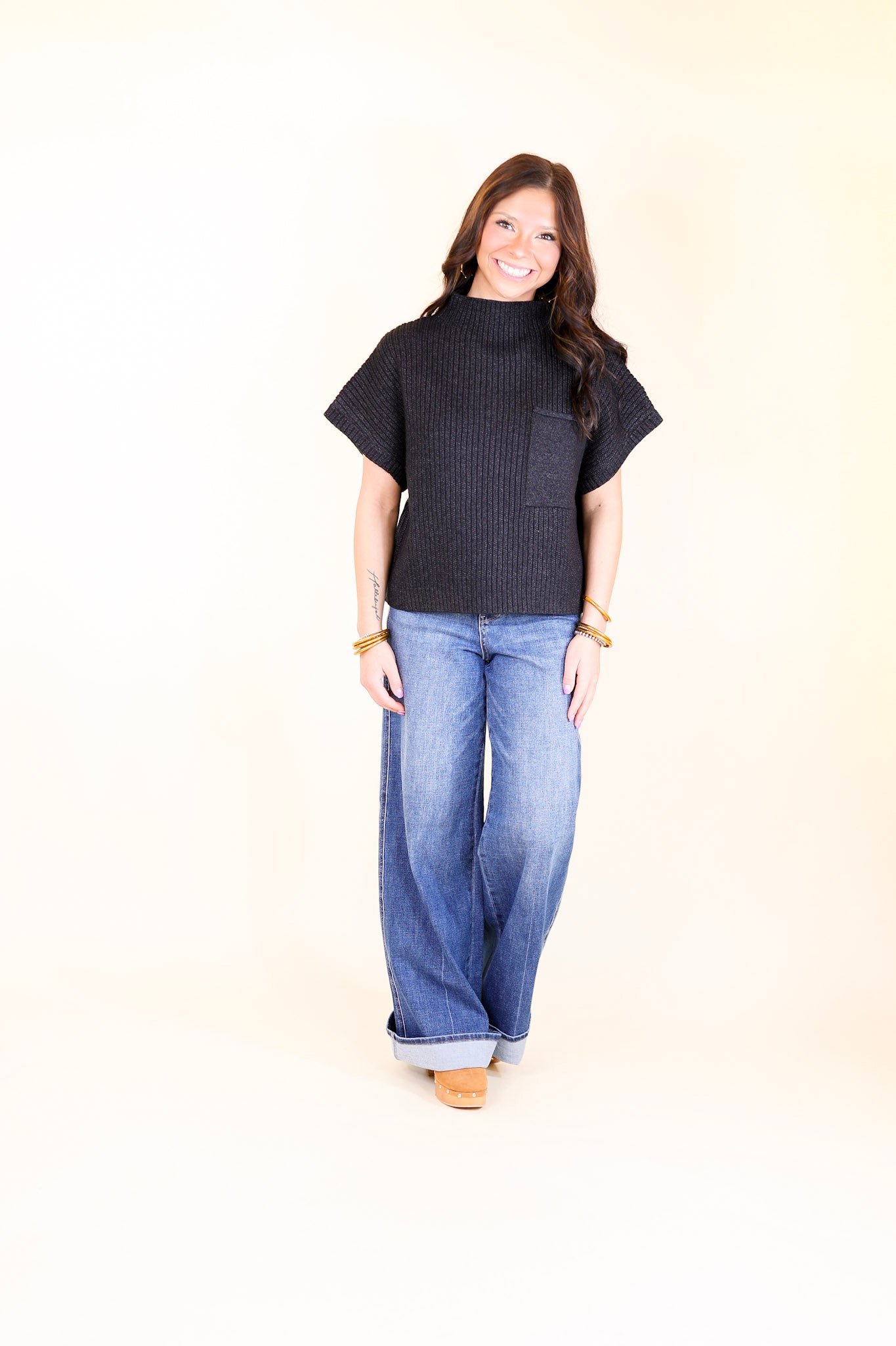Premium City Sights Cap Sleeve Sweater Top - Ultimate Black