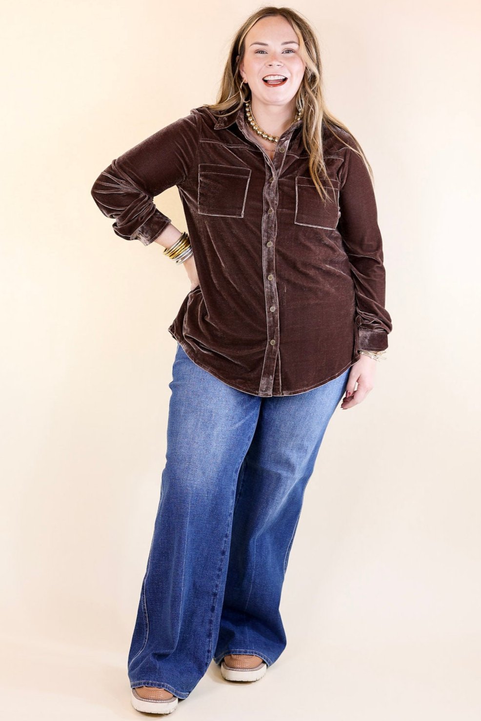 Premium Velvet Button-Up Blouse in Almond Brown | Elegant Evening Wear