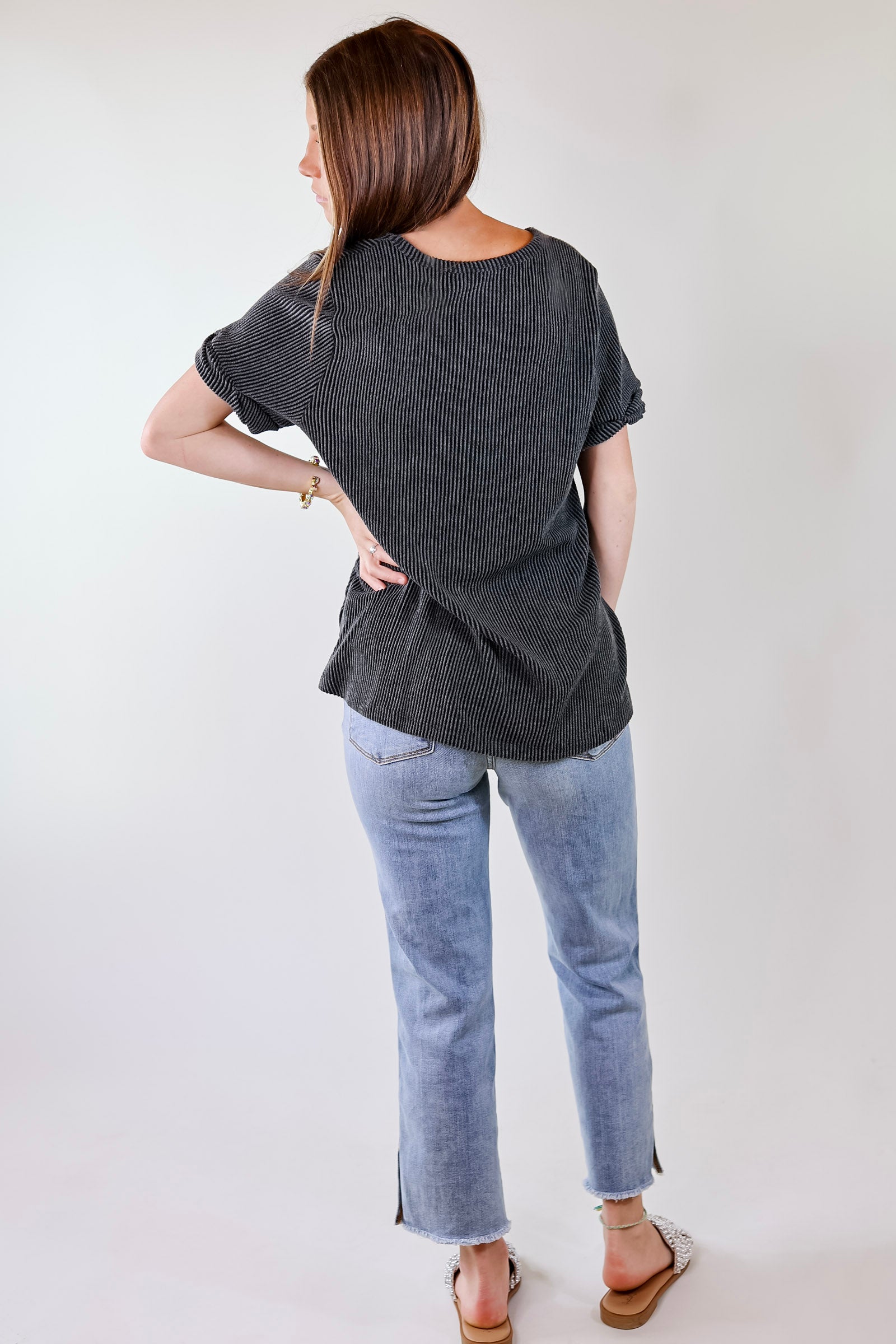 Premium True Love Ribbed Short Sleeve Top with Front Pocket - Charcoal Black