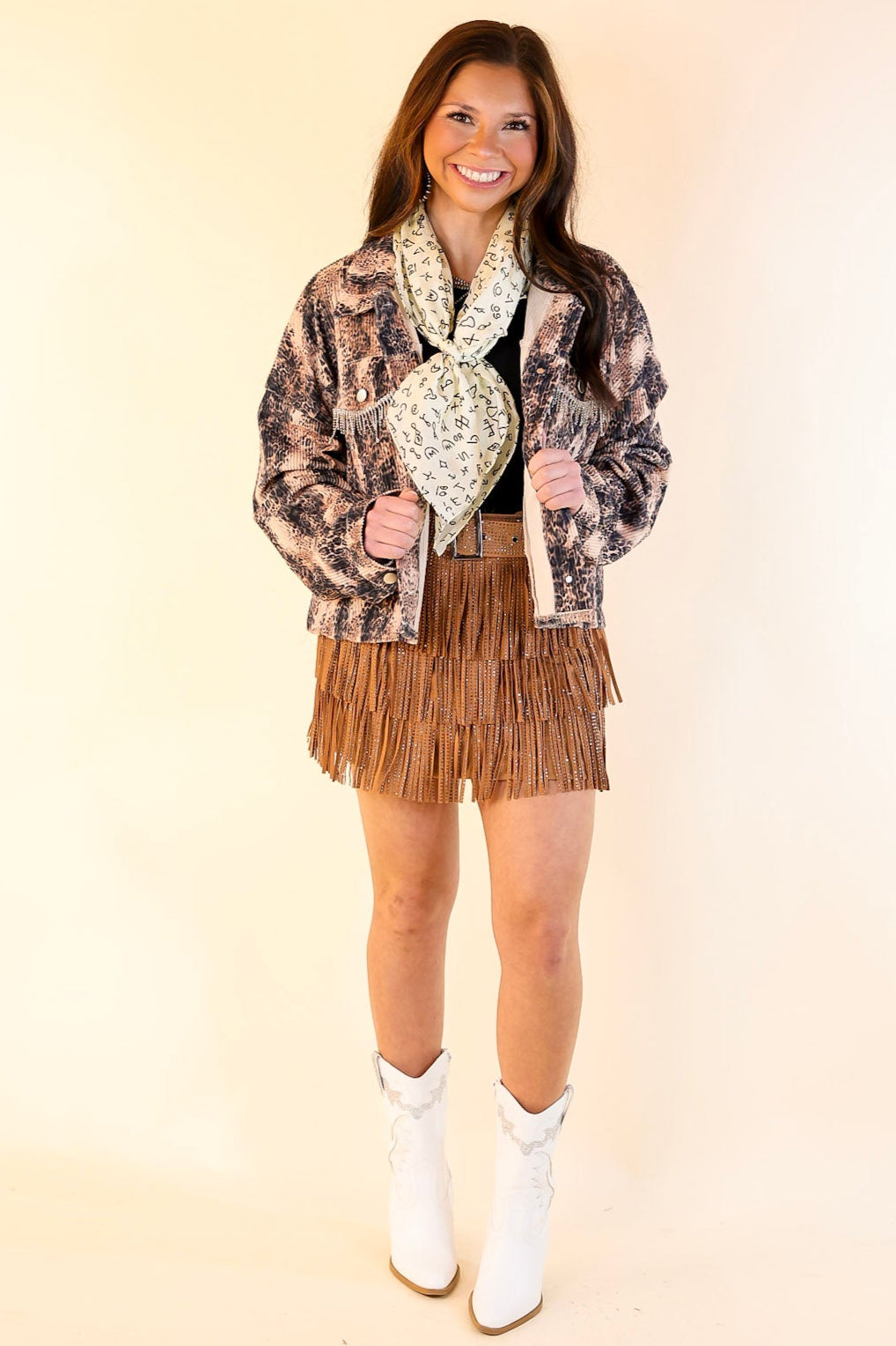 Ultimate Chic Corduroy Animal Print Jacket with Crystal Fringe - Blush Pink & Black