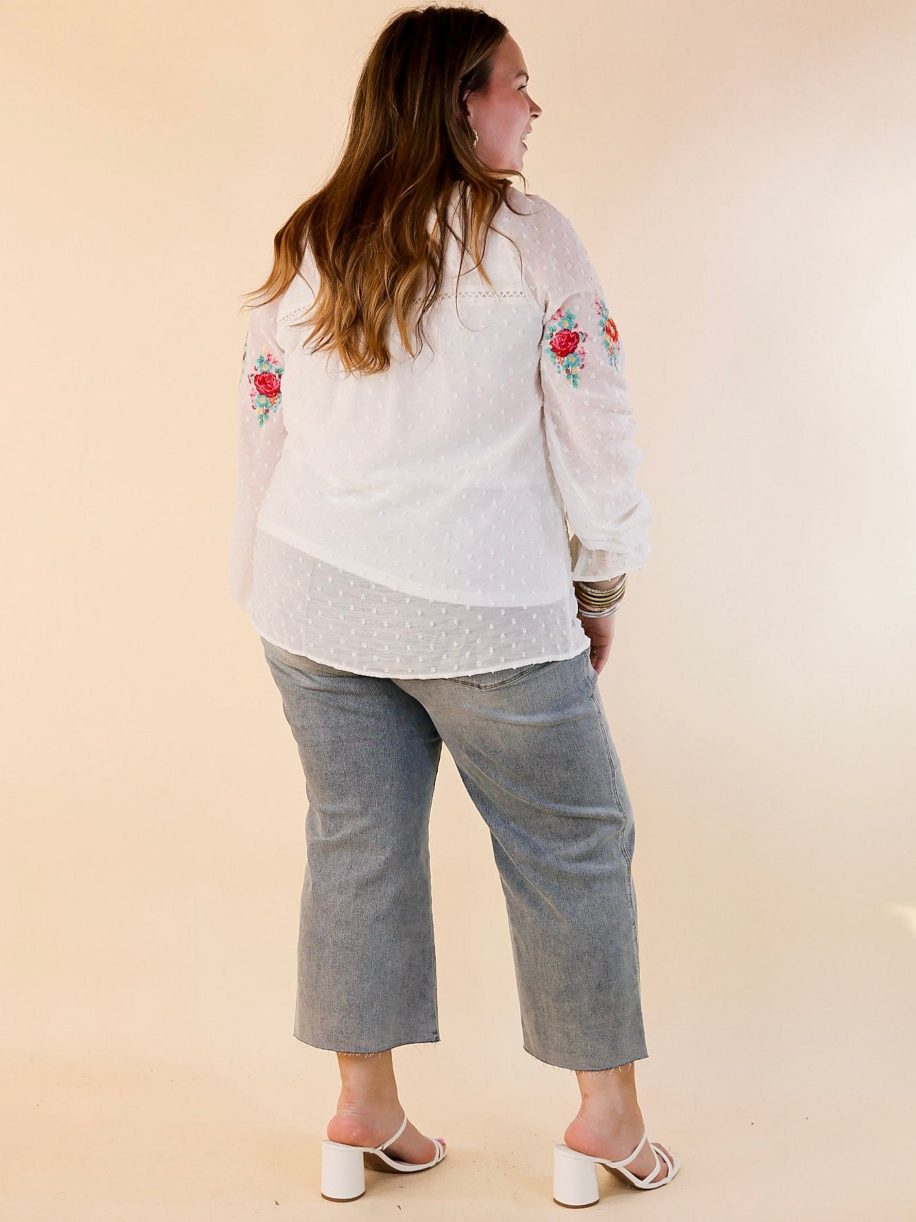 Premium Swiss Dot Long Sleeve Blouse with Floral Embroidery - Spring Essential