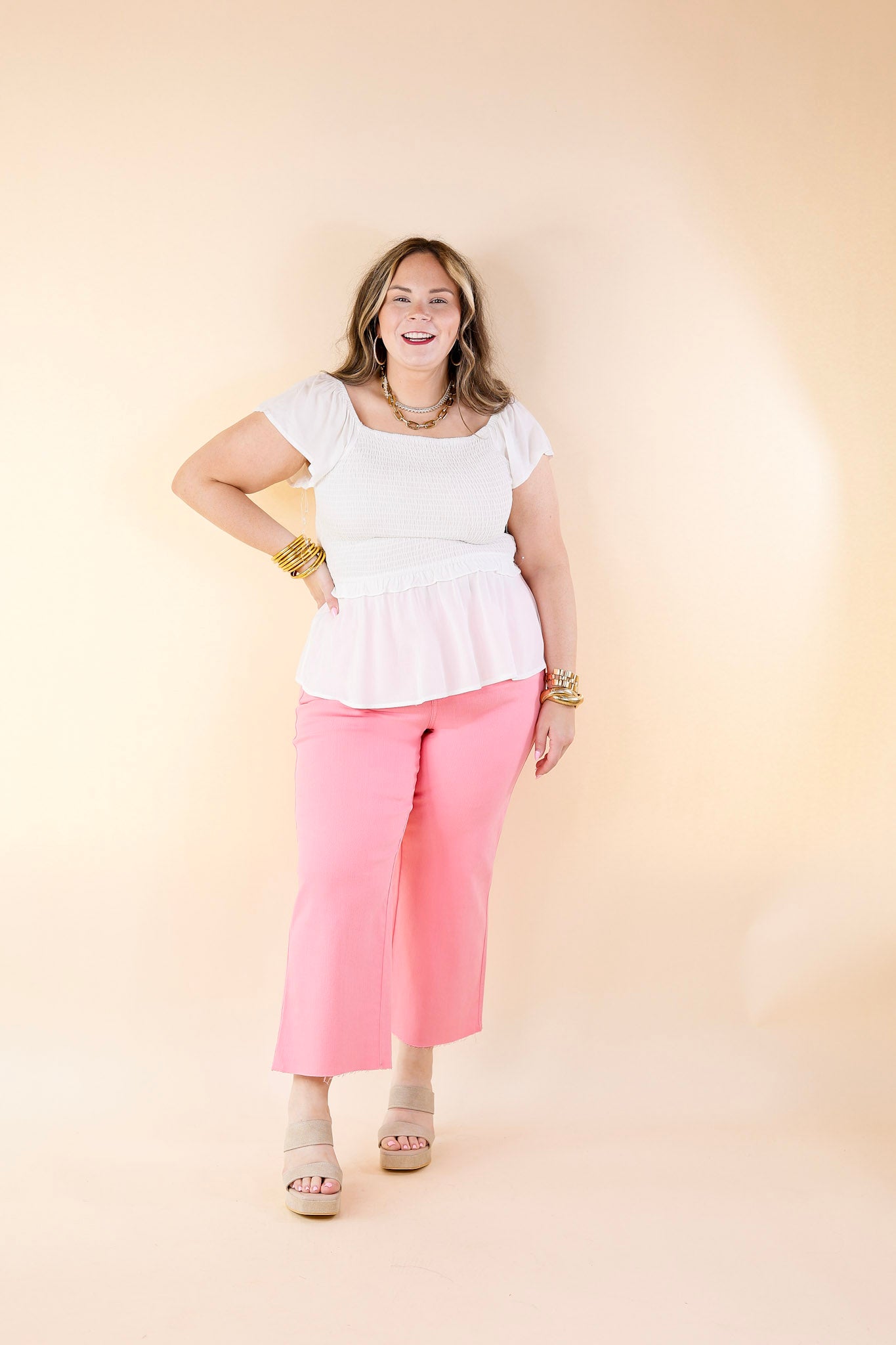 Ultimate Ruffle Me Up Smocked Peplum Top – White