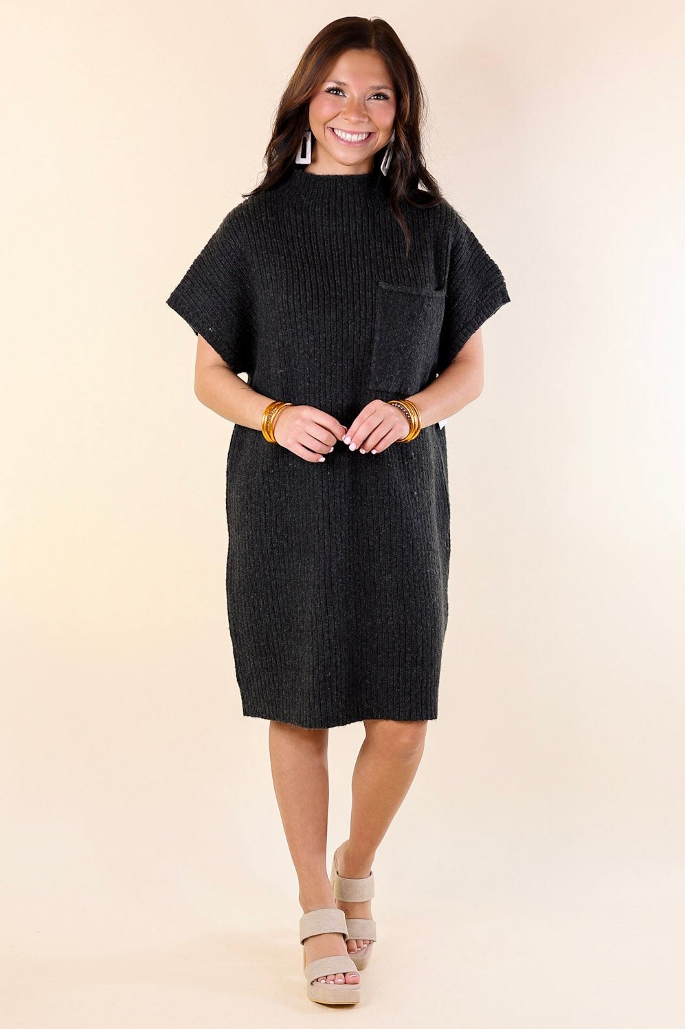 Premium City Sights Cap Sleeve Sweater Dress - Ultimate Charcoal Black