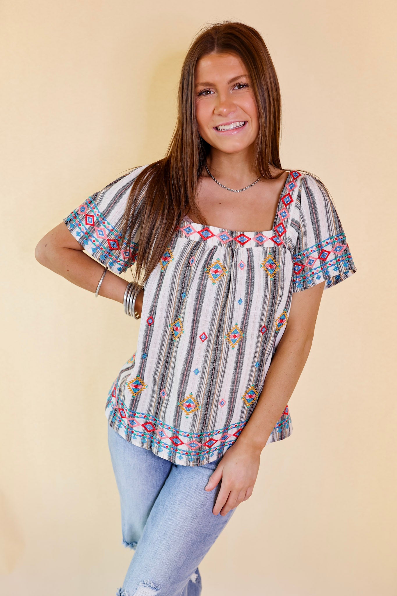 Premium Tribal Embroidered Striped Square Neck Top - Ivory & Black