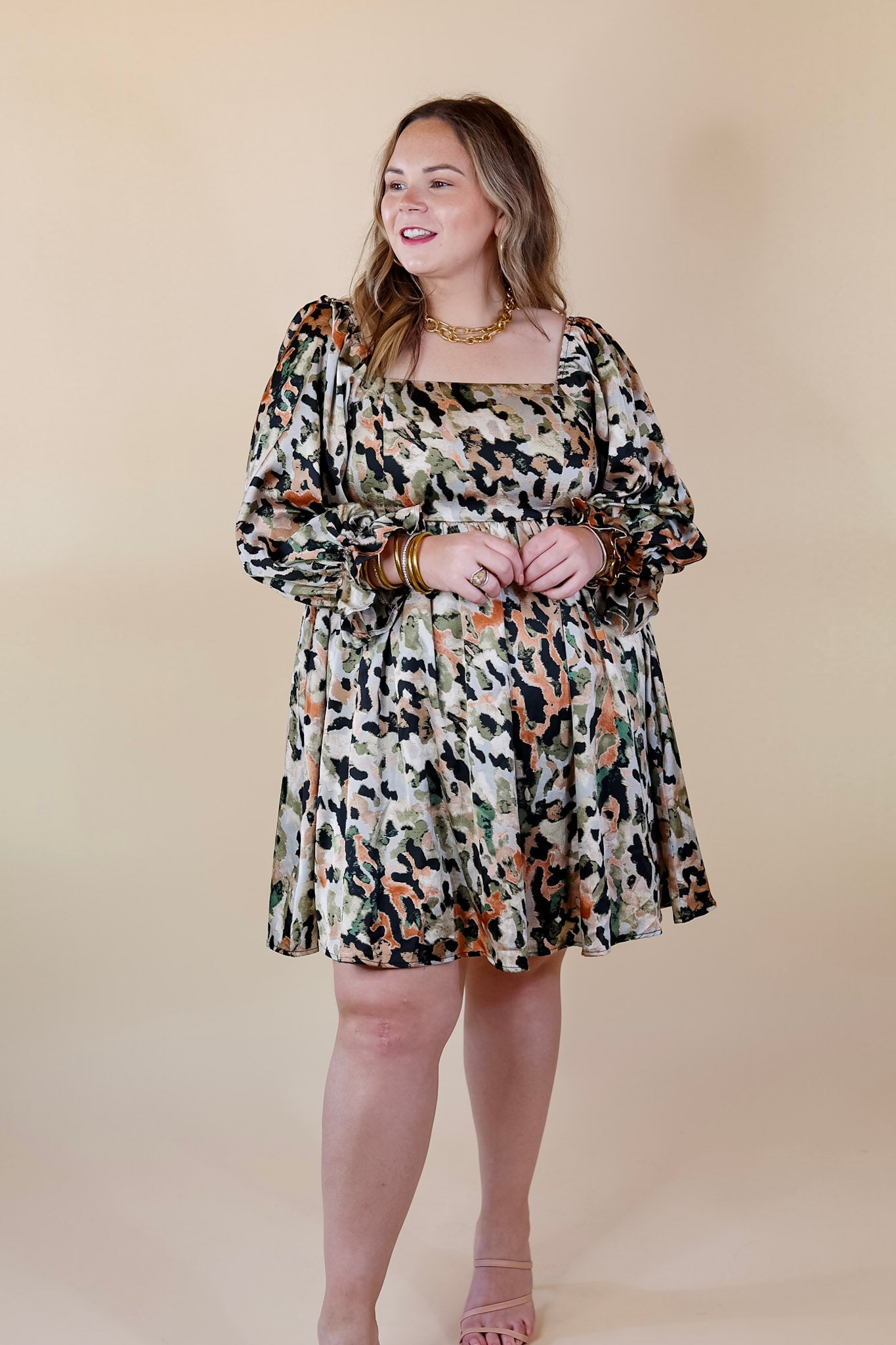 Premium Watercolor Satin Dress | Olive Mix Elegance with 3/4 Sleeves