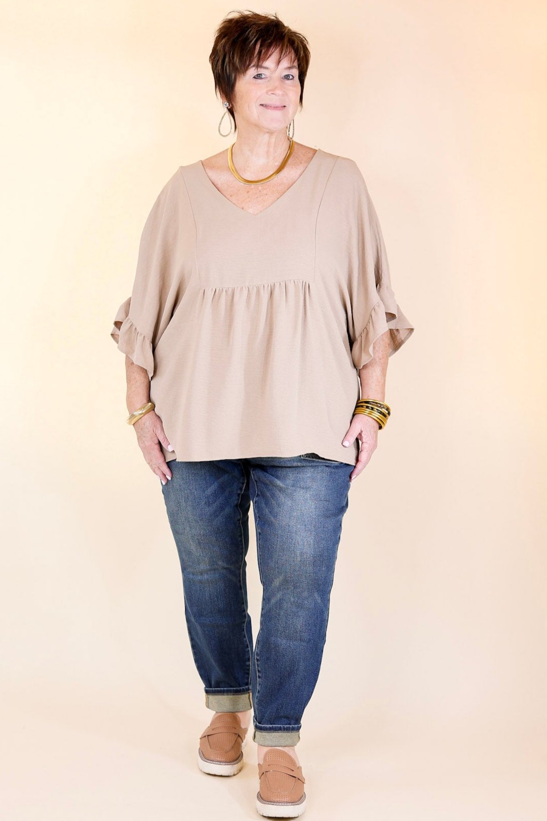 Premium Chic Cascades Tiered V-Neck Ruffle Sleeve Top in Taupe