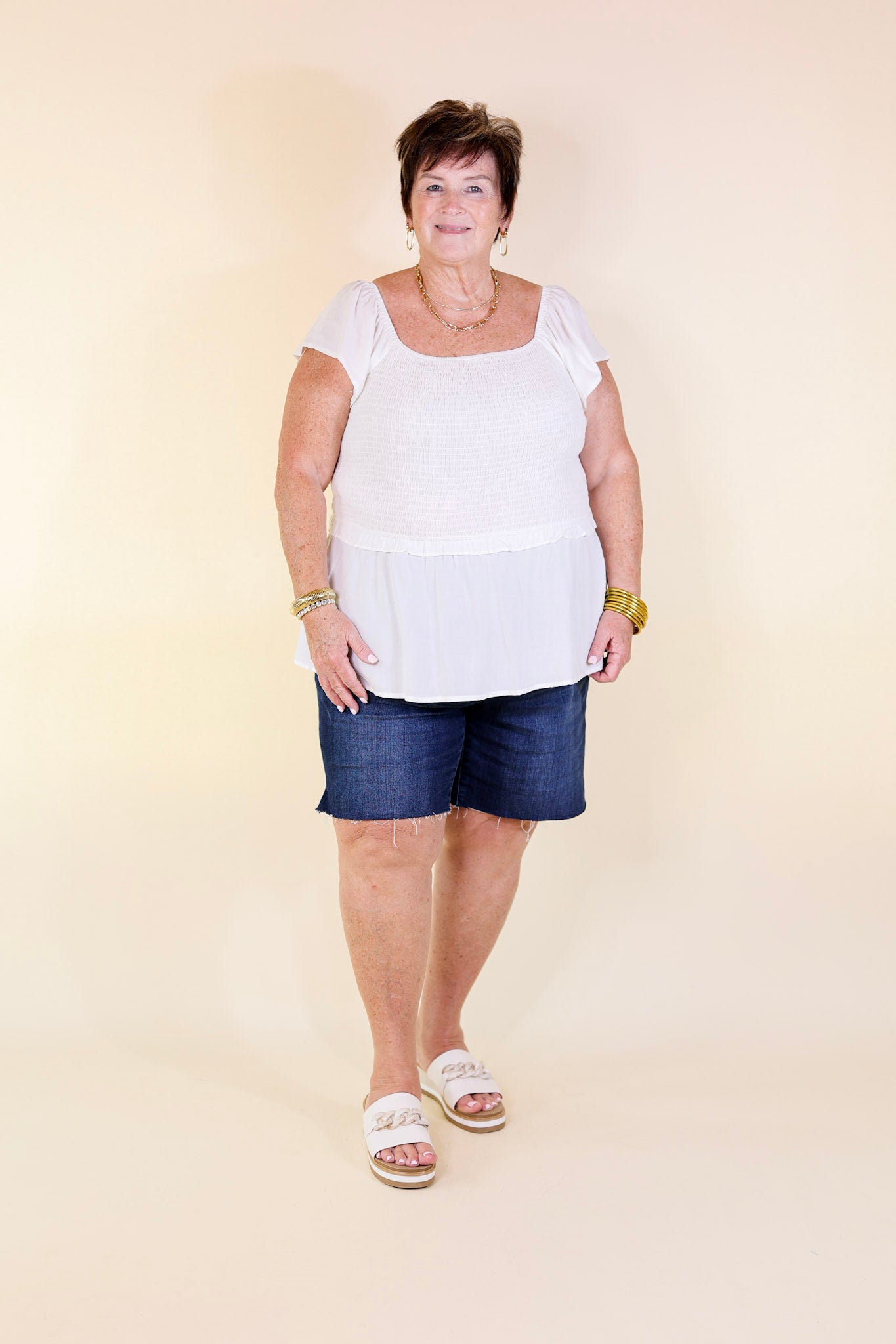Ultimate Ruffle Me Up Smocked Peplum Top – White
