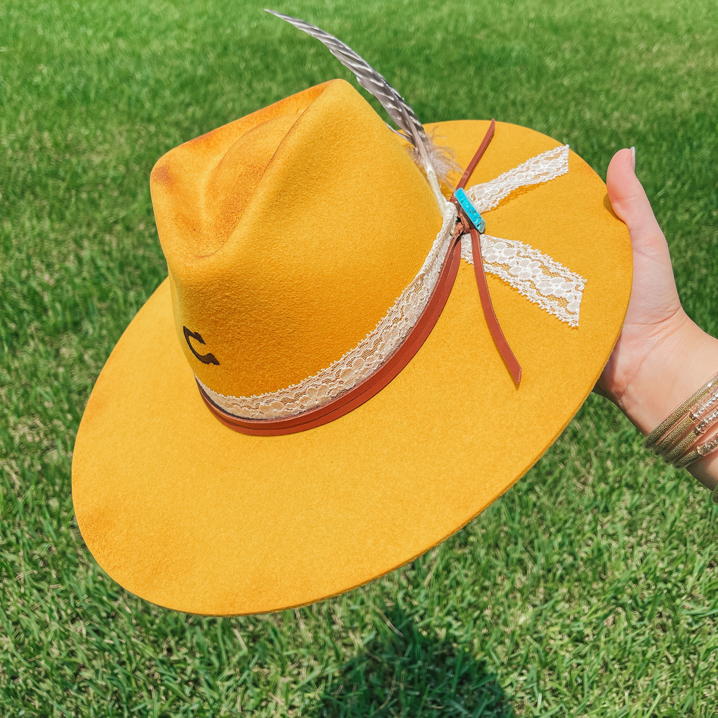 Charlie 1 Horse | Premium Smoke Show Wool Felt Hat with Leather & Lace Band, Turquoise Slab