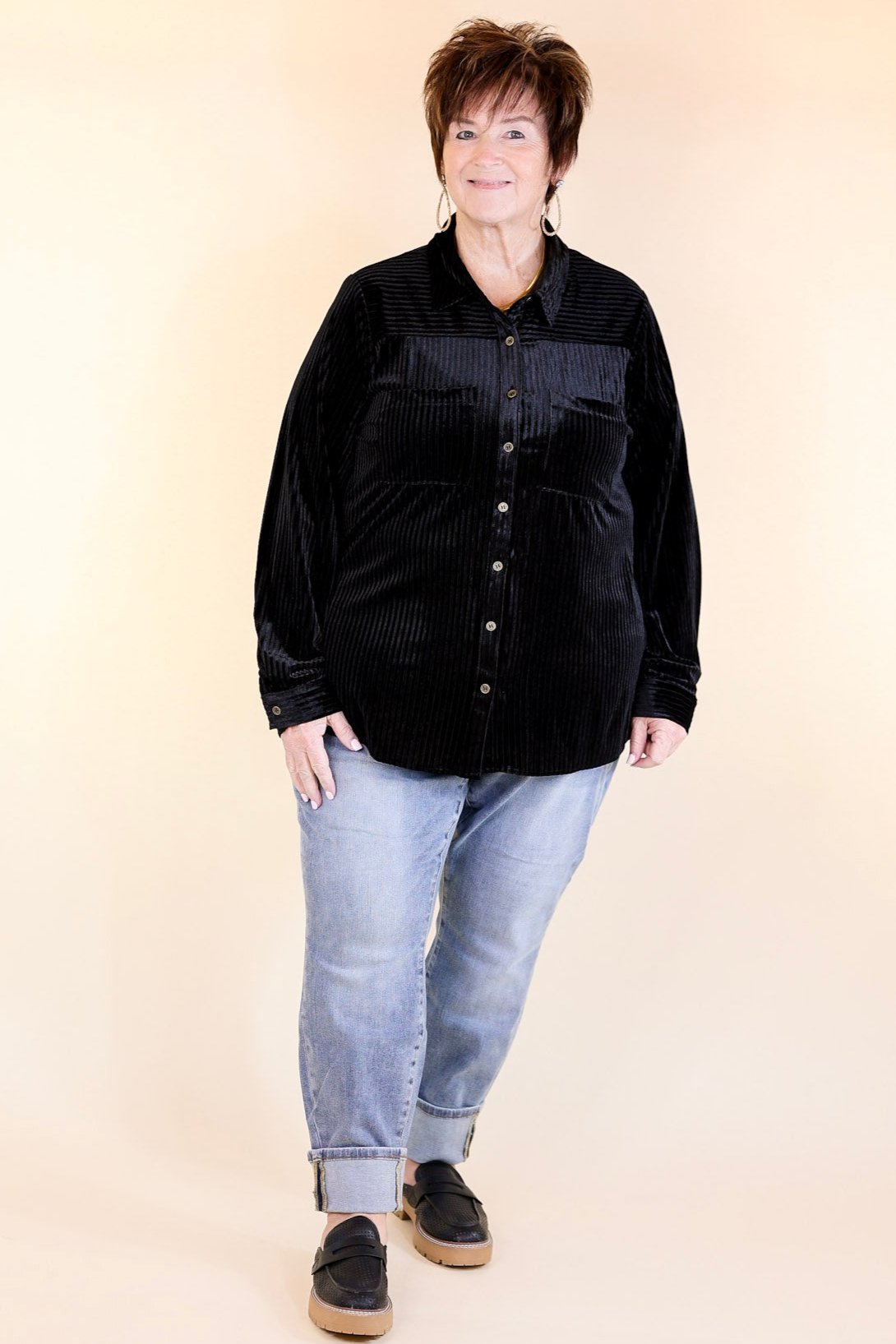 Premium Velvet Luxe Striped Button-Up Top - Black